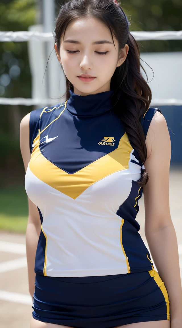(((half open eyes: (empty eyes):、 blush, (tears:0.6) 、saliva trail)))、 excited to play sex 、(((stands out nipple、Small nipples sticking out from the uniform)))、Dressed up、(Photo real:1.4)、(A hyper-realistic:1.4)、(Photorealistic:1.3)、 (gentle lighting: 1.05)、(Improve the lighting quality of your video:0.9)、32 k、 1Girl、20 years old girl、photorealistic lighting、Back lighting、Facial Lights、Ray Trace、(bright:1.2)、(Increase quality:1.4)、 (best quality real texture skin)、Fair eyes,Delicate and delicate face、 (tired and sleepy and satisfied : 0.0), Close-up of the face, navy and dark pink and yellow volley ball uniform : 1.3,(very tight highneck uniform,Tight uniform、high neck uniform、Sleeveless uniforms、One-piece uniform、no sleeve,onepiece,mini skirt), (Bodyline mood improvement:1.1)、Glossy skin、pornstar、韓国アイドル、乃木坂アイドル、Sculptural Idol Pose、Beautiful actress、Neat woman、whole body, and spread the legs apart, big breasts, slender waist and hip(braless,small and hard nipples,((natural detailed nipples)),slender waist,beautiful thighs,((cameltoe)),wavy hair,black and gold hair,((7heads tall,blush,red cheek,sexy,wavy hair)),((colorful based navy volleyball uniform、onepiece)),((sweat and grossy skin))、((embarrassed))、excited to play sex 、 randam sexy pose,(((bralee,no-bra、stands out nipples、stands up nipples、small nipples,Her nipples stand out clearly from her uniform.))),(((braless,no-bra、stands out nipple,stand up nipple,small nipple,Her nipples stand out clearly from her uniform.)))