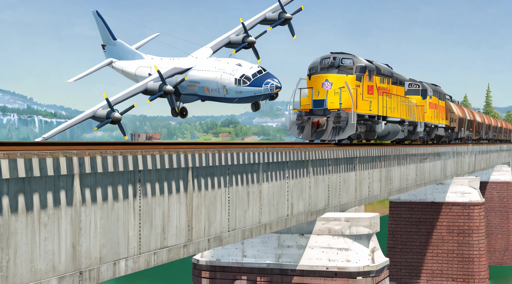 plane flying over a bridge with a train on it, cg art, by Wayne England, realistic aircrafts, a hyper realistic, photo render, super high resolution, full resolution, pc screenshot, realistic aircraft, daz, real aircrafts references, render, highly rendered!!, supersonic trains and passengers, detailed high resolution, by John Armleder