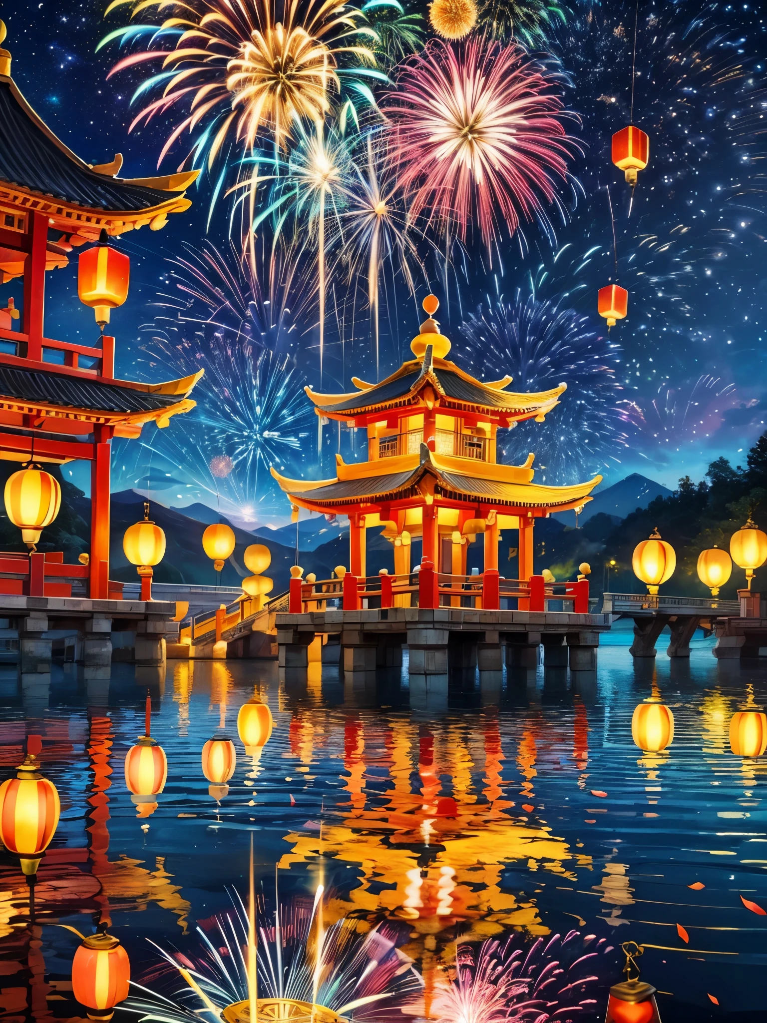 Beautiful town celebrates New Year's Day New Year's countdown,new year 2024,Colorful lanterns and decorations,children playing and dancing,Huge countdown clock with gorgeous patternireworks in the night sky,Performer juggling ribbons,Colorful lanterns and decorations,Performer juggling colorful ribbons,Gorgeous temple,Incense,offering offerings,People make wishes and pray,Calm lake lit with candleeautiful reflection of fireworks and lanterns,a joyful atmosphere,(best qualtiy,8k,A high resolution,tmasterpiece,ultra - detailed,UHD,hyperdetailed painting,Sharp focus,physically-based renderingt,extreme detail description,professinal,vivd colour,bokeh)