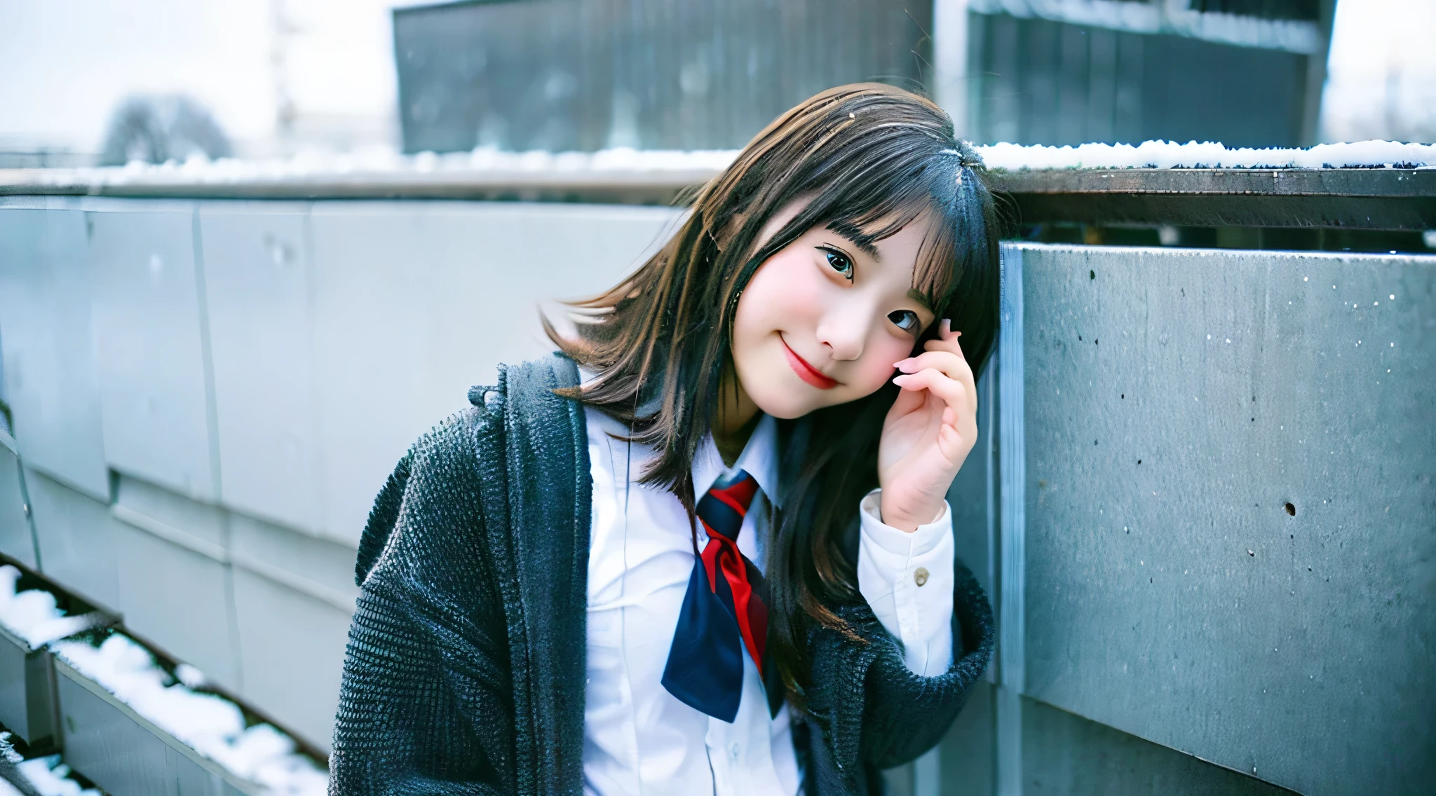 Cute high school girl 18 years old in miniskirt、It's snowing outside
