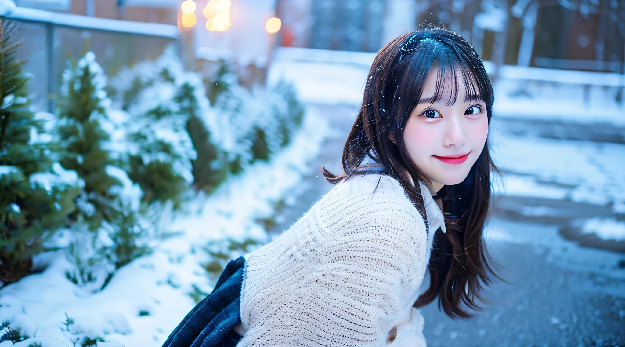 Cute high school girl 18 years old in miniskirt、It's snowing outside