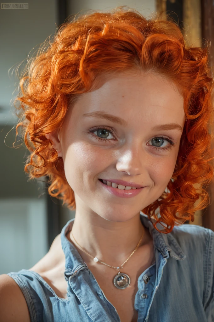 Masterpiece, 8k, Realstic, photo-Realstic,1fille,petite taille (shiny orange curly hair:1.2), , petit sourire timide, Yeux verts, gingembre, 20 I, jeune, chambre,(full jean), professional lighting,