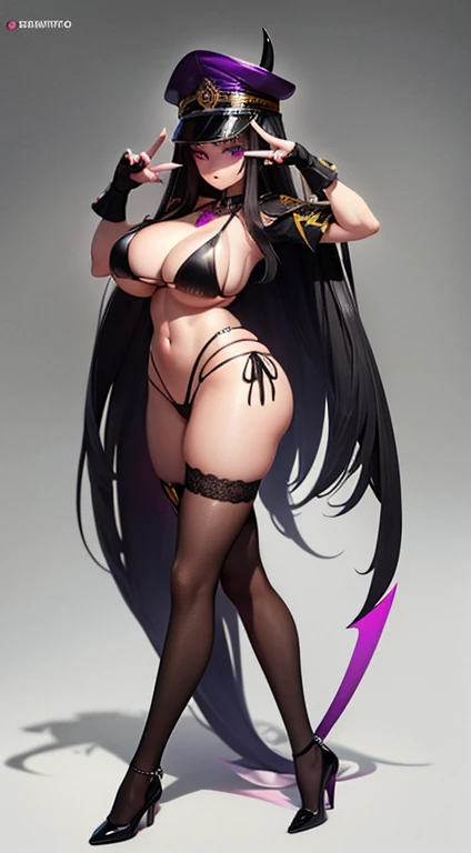 bikini, breast, purple eyes, black demon horn, military cap, long black hair, full body, (detailed hands and fingers:1.2)