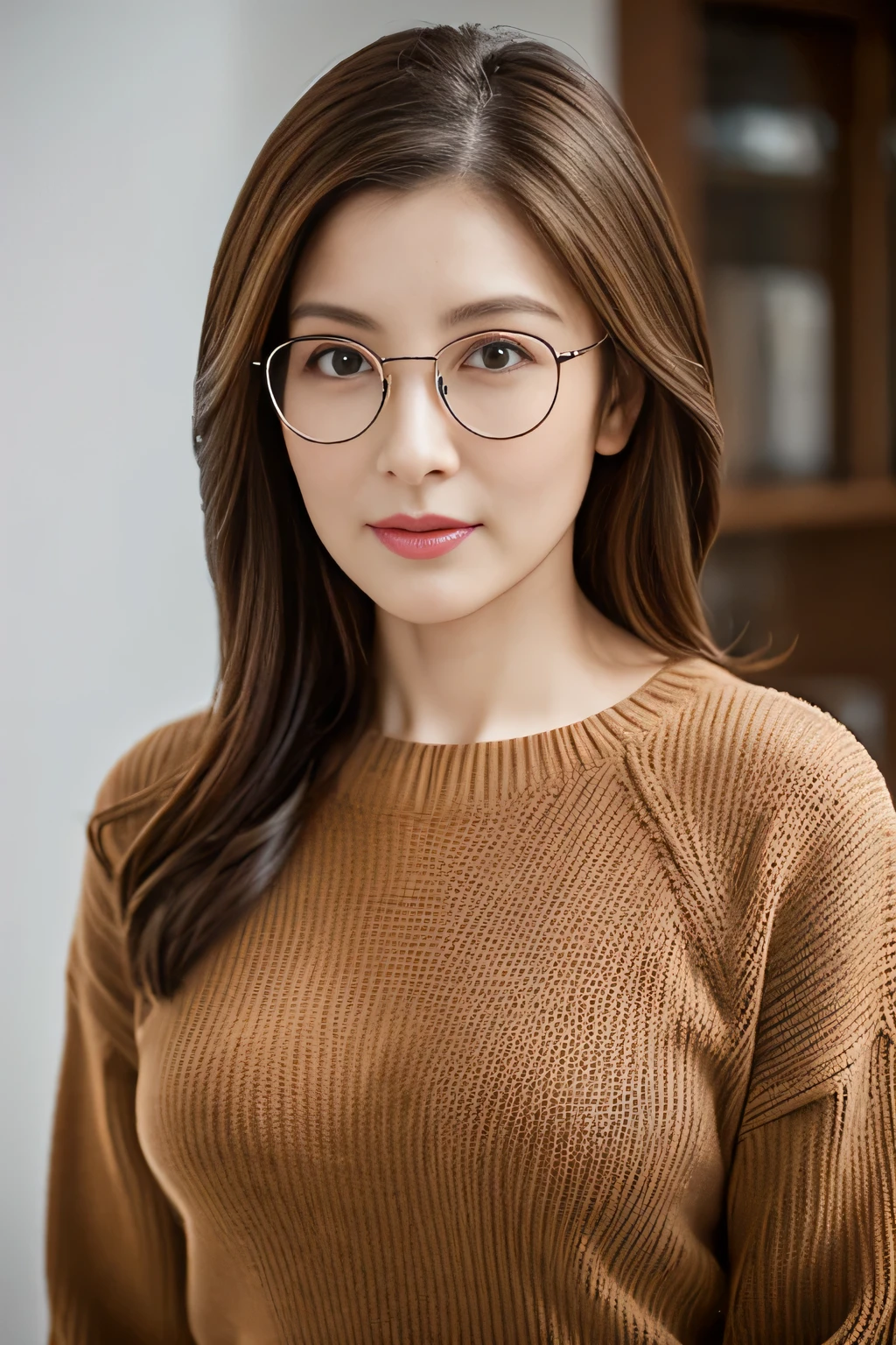 masuter piece, top-quality, masterpiece, hight resolution, Photorealsitic, Raw photography, 8k wallpaper, flawless, profetional lighting, ighly detailed, depth of fields,Pale solid color background, ((One beautiful woman)), ((10th instar)), Female sexy, Detailed face, beautidful eyes, bangss, small breasts of good shape, Light Brown Straight Hair, Faint lips, metal frame glasses, ((standing at front、Staring at the viewer'serious face eyes.)), Sweaters, skirt by the, cowboy shot