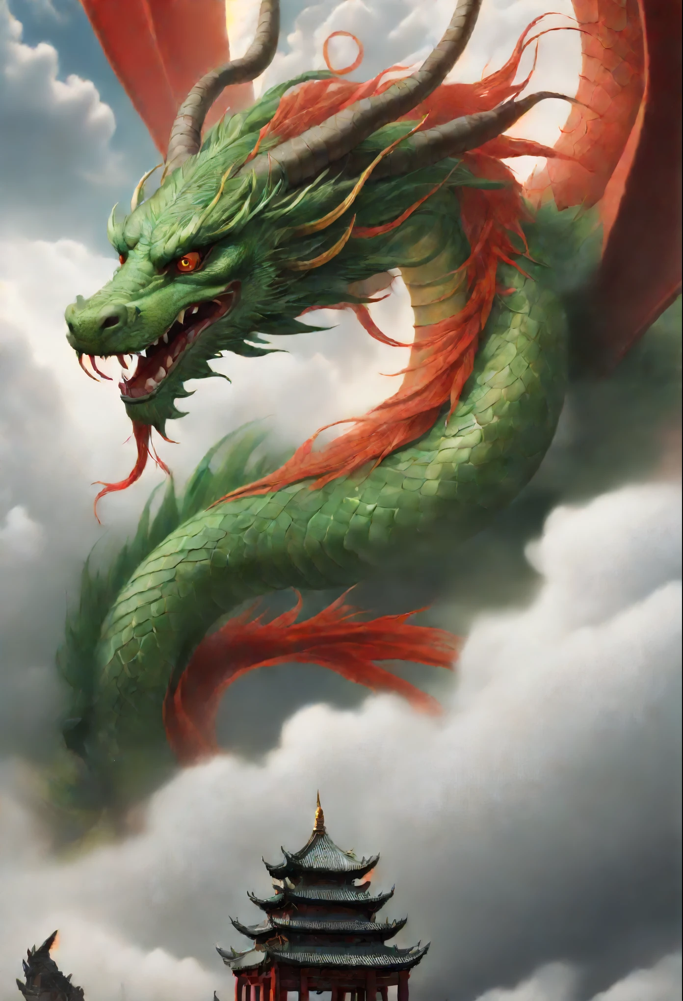 china style,Chinese mythology,Chinese Green Dragon,tosen,Ferocious,immensity,Eyes glow red,glow effect,Surrounded by clouds,thick cloudy white,I like the middle ground scene, Highly detailed surreal VFX,OC rendering,
