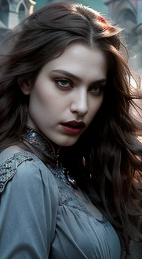 (best quality,ultra-detailed,photorealistic),young woman vampire queen, beautiful bright eyes, dark red mascara, detailed gray lips with gray lipstick, pensive expression, soft lighting,vibrant colors, long flowing Reddish hair, stylish vampire outfit, cemetery background, dark night,serene atmosphere, hourglass figure, 4k details, erotic face,  full body pose,