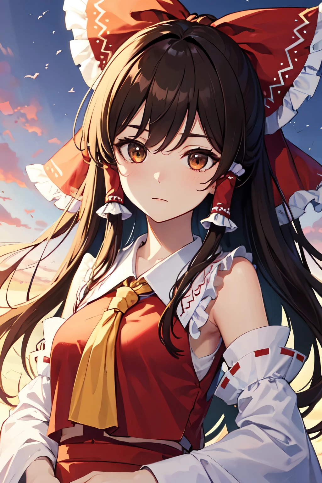 detailed background, masterpiece, best quality, 1girl, hakurei reimu, brown hair, hair tubes, hair ribbon, brown eyes, touhou project