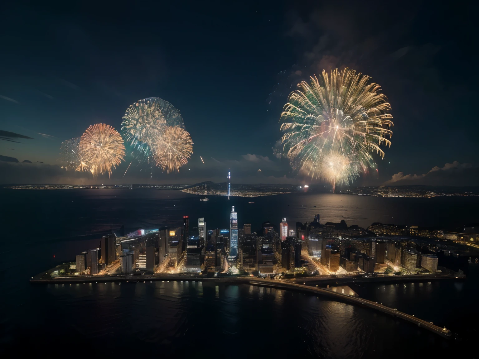 ultra wide angle,(best quality,8k ultra-detailed,cinematic shot,masterpiece:1.3,sharp focus:1.5,photorealistic:1.3), low exposure, bird eye view, night sky, large fireworks in sky, city background, fireworks movement