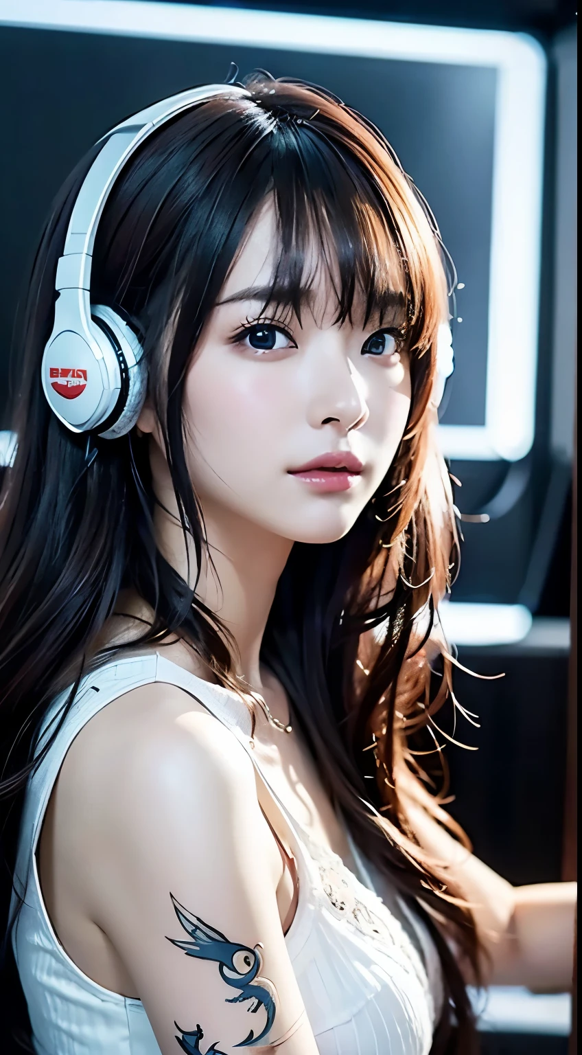 ​masterpiece, 1 beautiful girl, Detailed eye, Swollen eyes, top-quality, 超A high resolution, (reality: 1.4), 电影灯光, japanes, a asian beauty, very extremely beautiful, Beautiful skins, A slender, Forward-facing body, (A hyper-realistic), (hight resolution), (8K), (ighly detailed), ( Best Illustration), (beautifully detailed eyes), (ultra-detailliert), 详细的脸, Bright lighting, Professional lighting、The background is a cyberpunk room with many monitors、The cord is connected from the costume、Hair color is red、headset on head、small tattoo on face、Female Game Commentator