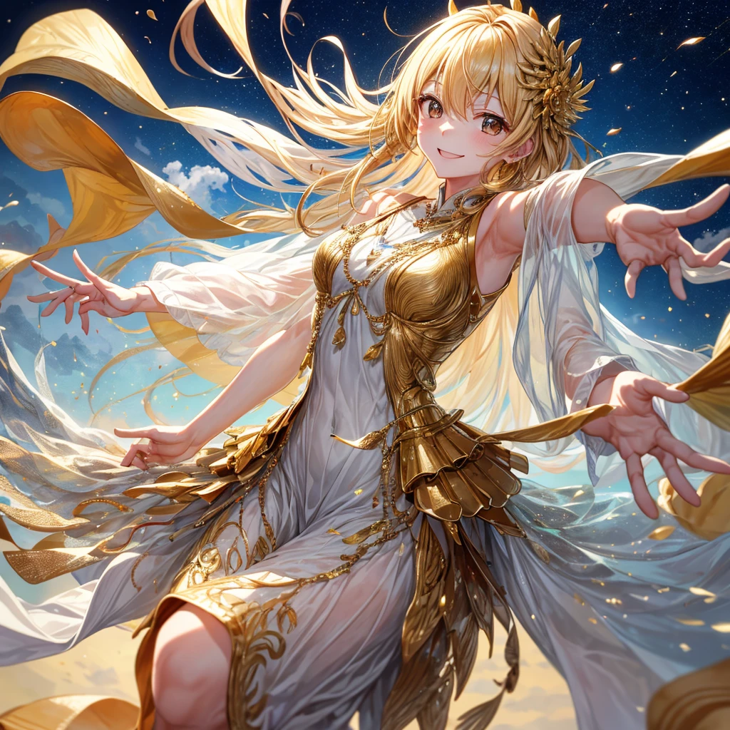 masutepiece, Best Quality, Best fingers、best hand、gold rains from the sky、The sky shines with light、A woman smiles and spreads her arms