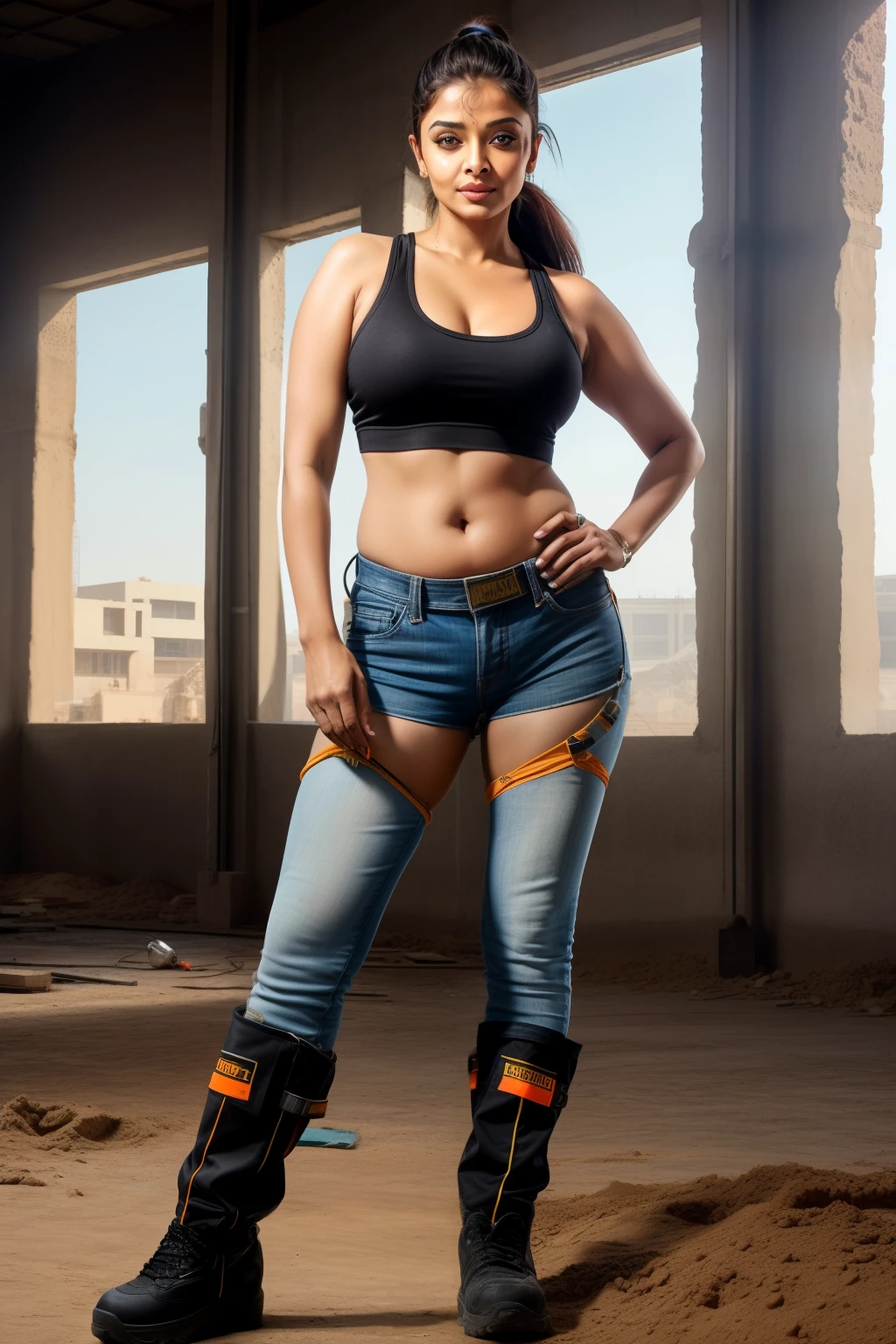 Aishwarya rai as construction worker, black shorts, high boots, tank top, posing in construction site, day scene, navel out, hourglass figure, massive cleavage, look at camera and laugh, ((ponytail hair)), sexy 50 yo MILF, soft volumetric lights, intricate details, (ArtStation:1.2)