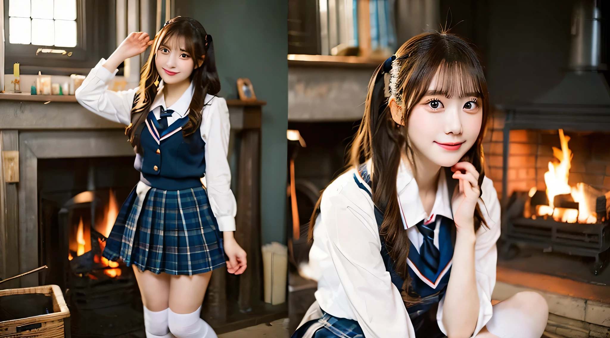Cute high school girl 18 years old in miniskirt uniform、the fire in the fireplace is burning