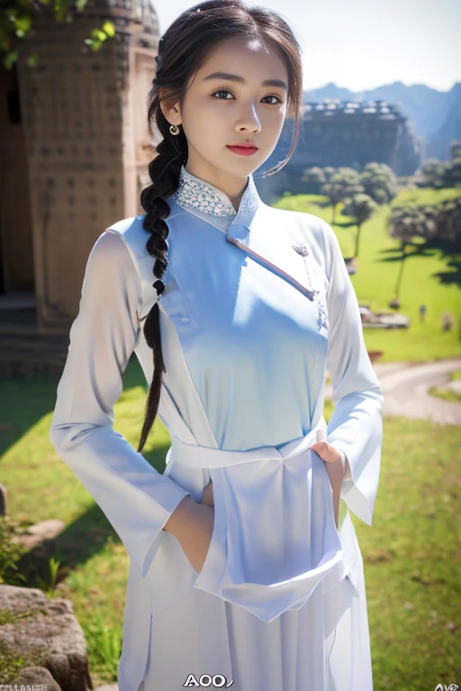 (best quality, masterpiece:1.2), photorealistic, ultra high res, full body shot, front lighting, intricate detail, Exquisite details and textures, 1girl, (young), face highlight, upper body, detailed face, tear mole, white skin, silver hair, ponytail, braid hair, looking at viewer, big eyes, symmetrical eyes, (sexy ao dai attire:1.6), earrings, (gigantic breasts), slim body, professional lighting, photon mapping, radiosity, physically-based rendering, good hands, good fingers, outdoor, masterpiece,ultra realistic,32k,extremely detailed CG unity 8k wallpaper, best quality