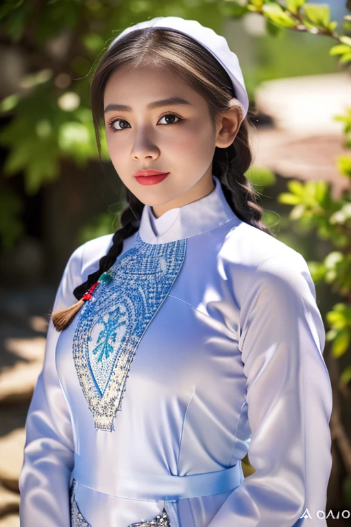 (best quality, masterpiece:1.2), photorealistic, ultra high res, full body shot, front lighting, intricate detail, Exquisite details and textures, 1girl, (young), face highlight, upper body, detailed face, tear mole, white skin, silver hair, ponytail, braid hair, looking at viewer, big eyes, symmetrical eyes, (sexy ao dai attire:1.6), earrings, (gigantic breasts), slim body, professional lighting, photon mapping, radiosity, physically-based rendering, good hands, good fingers, outdoor, masterpiece,ultra realistic,32k,extremely detailed CG unity 8k wallpaper, best quality