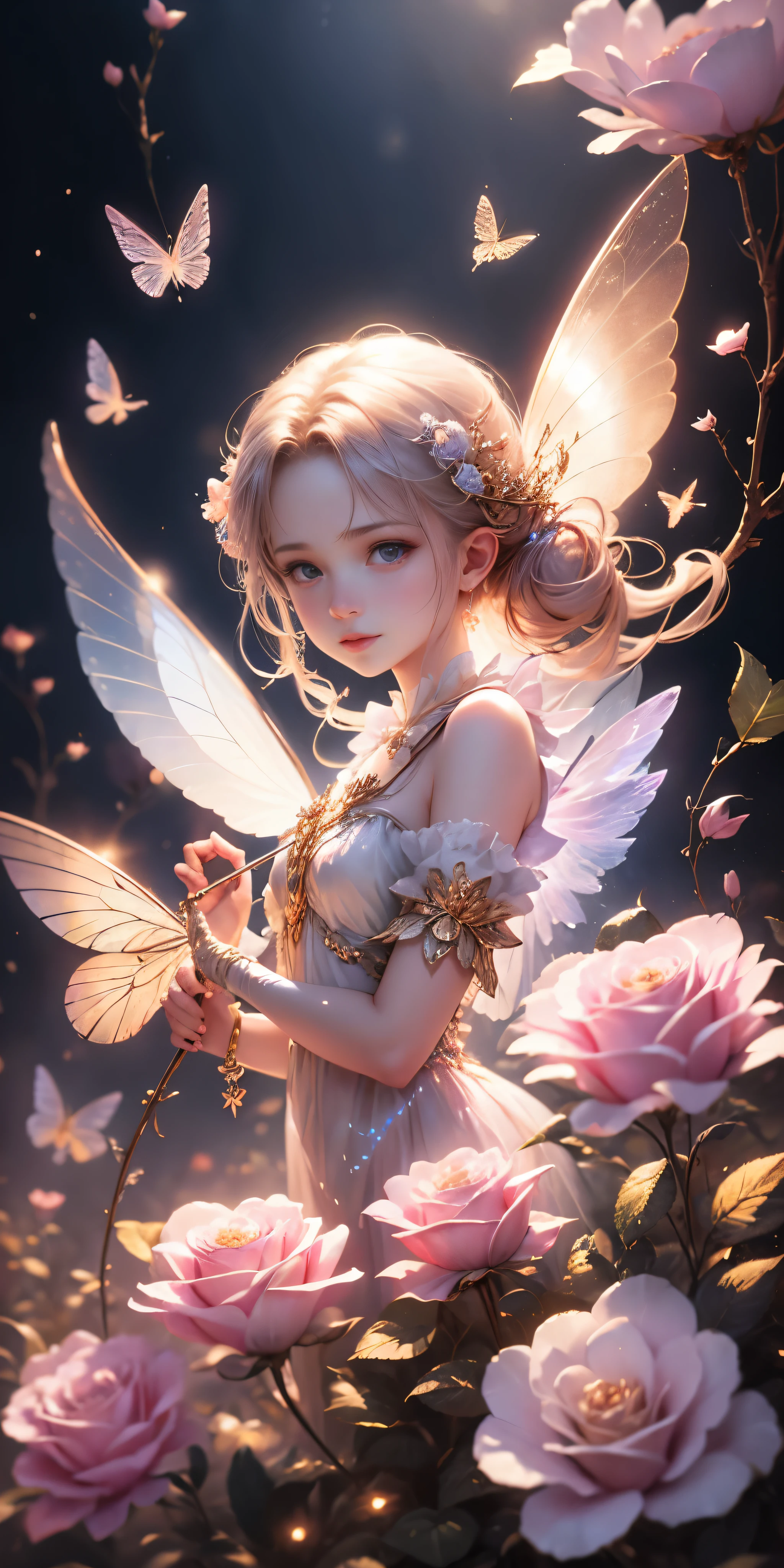 Beautiful transparent flower fairy , Transparent colorful wings, The wand fluttered in the wind、The wand flashed with starlight,Golden wand,Beautiful blue sky and white clouds、Girls have transparent wings、smile kindly、Beautiful garden background、Gentle and transparent,Anatomical correct, delicate patterns,Pink rose space, gentlesoftlighting, ( bokeh),tmasterpiece, ultra - detailed, Epic work, Best quality, 8K,Epic Romantic Fantasy Digital Art,Epic fairy tale fantasy digital art,Myths and Fantasy,UHD resolution,Detailed detail drawing,realistically,Very realistic,电影灯光,an award winning photograph,many color,Hyper-realistic texture,dramatic lights