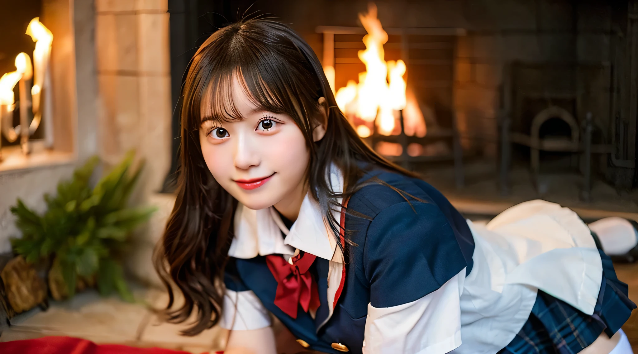 Cute high school girl 18 years old in miniskirt uniform、the fire in the fireplace is burning