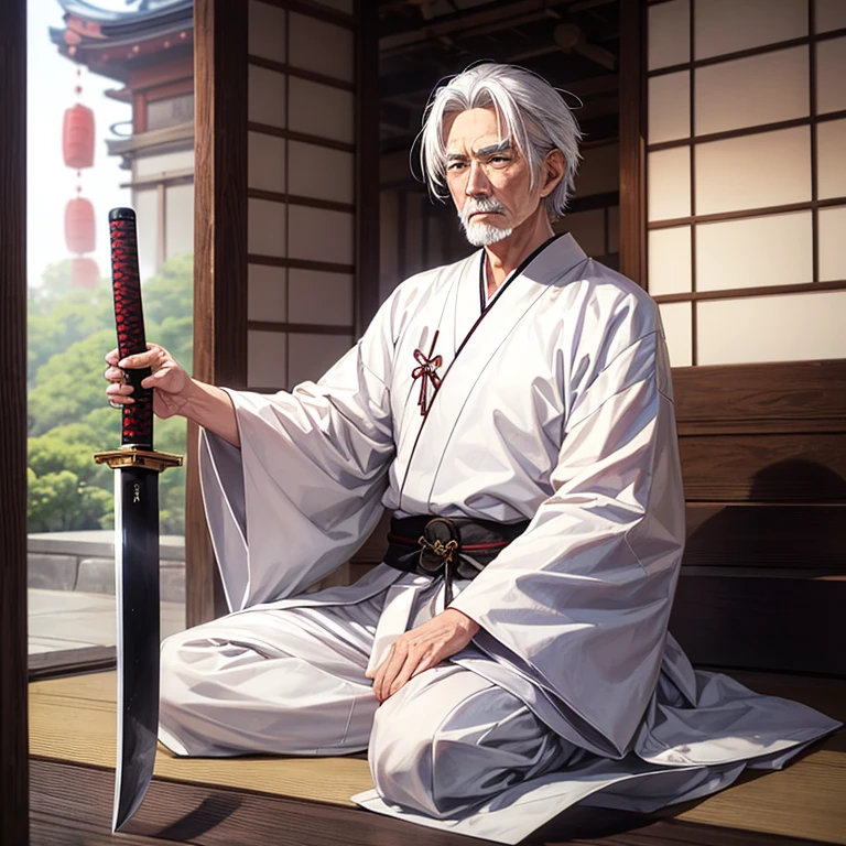 white hair、White Japanese Clothing、((Japanese Katana Sword))、(temple)、(((60 year old grandpa)))、gentle face