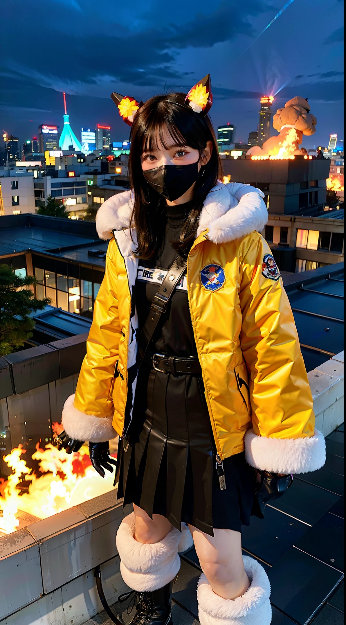gals、Large gas mask、fur-coat、dictator、Big dragon tattoo、Tattoos all over the body、Glowing headgear、On the rooftop、Huge background is a neon sign、Leather gloves、long boots、Holding a Japan sword、Baseball armor、insurrection、Nuclear power plant in the background、Terrorist groupluorescence Headgear、short-haired、bleu hair、Ignite fire from a flamethrower、middle school girl、14years、gas masks、high socks、Rooftop at night、City on fire in the background