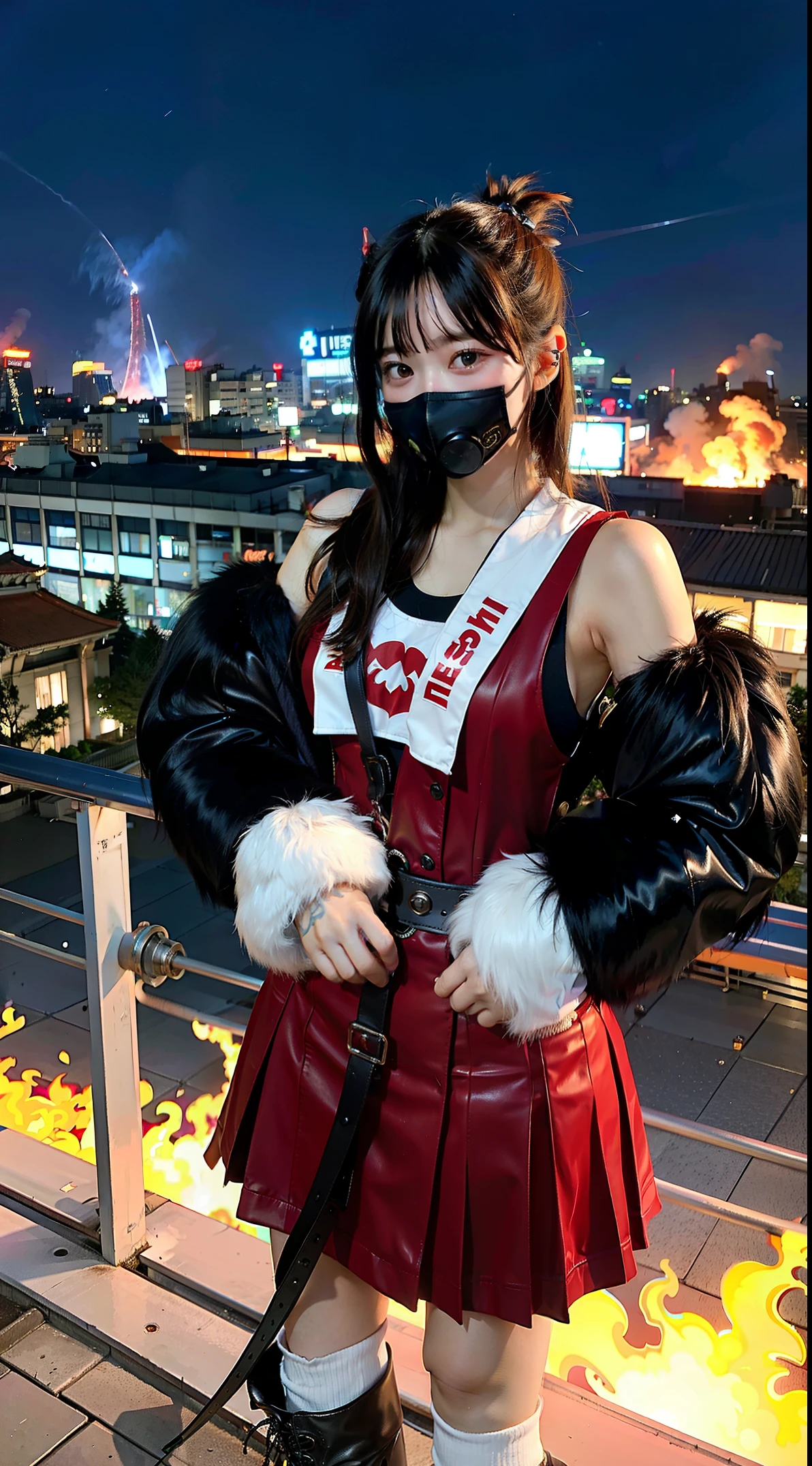 gals、Large gas mask、fur-coat、dictator、Big dragon tattoo、Tattoos all over the body、Glowing headgear、On the rooftop、Huge background is a neon sign、Leather gloves、long boots、Holding a Japan sword、Baseball armor、insurrection、Nuclear power plant in the background、Terrorist groupluorescence Headgear、short-haired、bleu hair、Ignite fire from a flamethrower、middle school girl、14years、gas masks、high socks、Rooftop at night、City on fire in the background