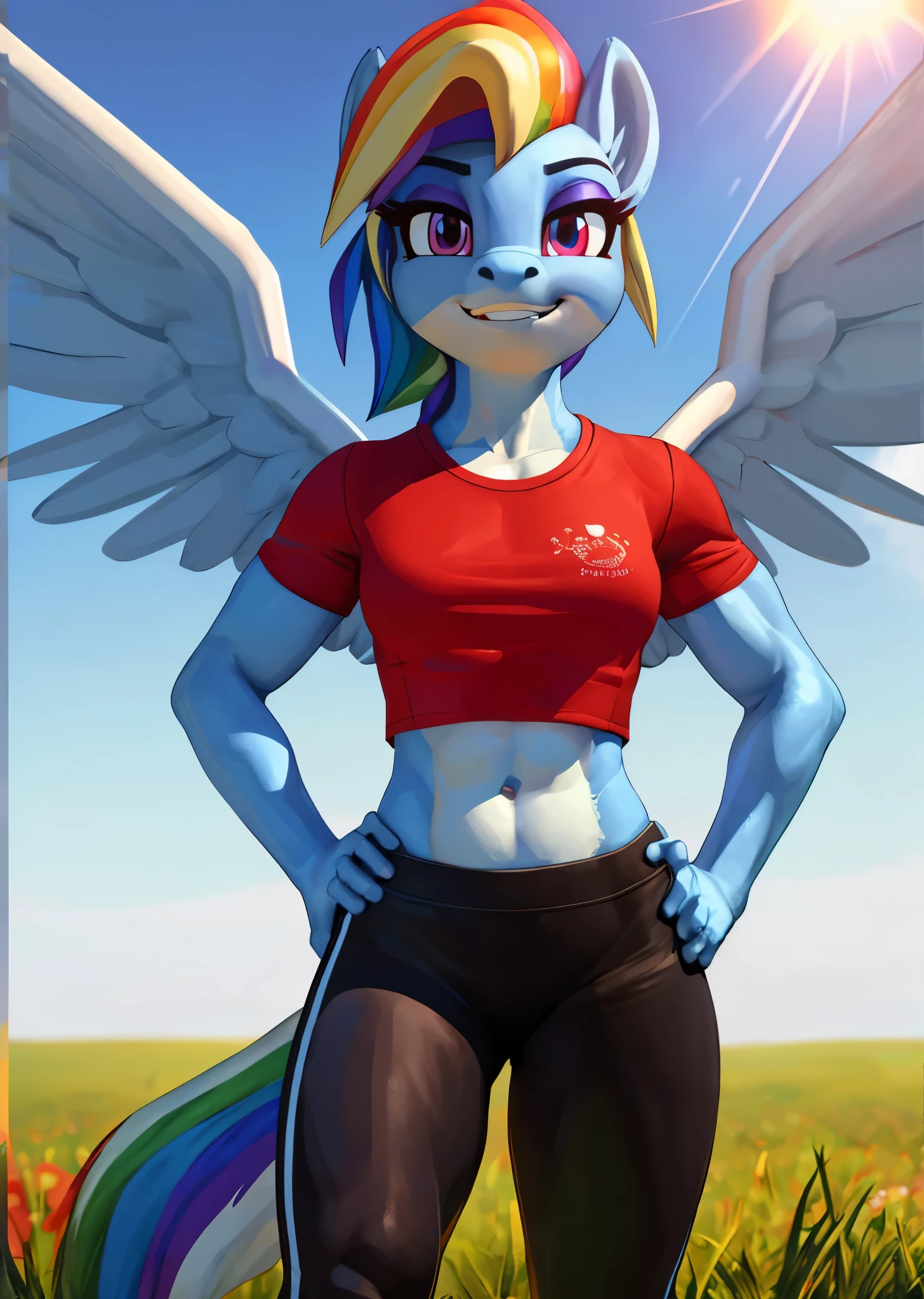 [rainbow dash], [Uploaded to e621.net; (siden), (Pixelsketcher), (mayosplash), (wamudraws)], ((masterpiece)), ((HD)), ((high res)), ((solo portrait)), ((full body)), ((front view)), ((furry; anthro)), ((detailed fur)), ((detailed shading)), ((beautiful render art)), ((intricate details)), {anthro horse; (slim figure), (light-blue fur), (cute magenta eyes), horse snout, (long rainbow-colored hair), (light-blue pegasus wings), (curvy hips), (defined muscles), (smug grin)}, {(red tee shirt), (short sleeves), (black spandex yoga pants), (red sneakers)}, {(standing), (hand on hip), (looking at viewer)}, [background; (grass plains), (rainbow in background), (clouds in sky), (blue sky), (sun rays), (ambient lighting)]