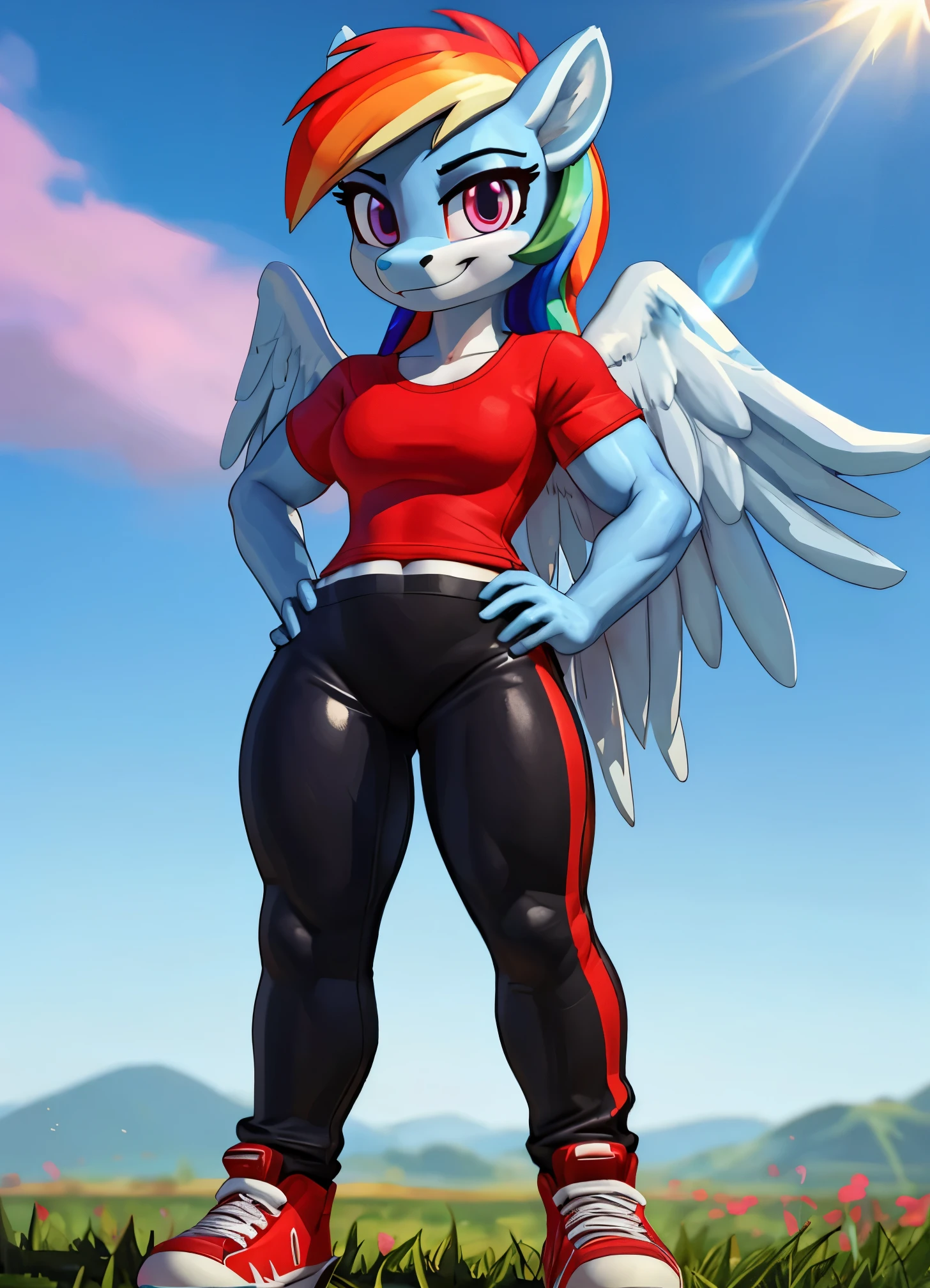 [rainbow dash], [Uploaded to e621.net; (siden), (Pixelsketcher), (mayosplash), (wamudraws)], ((masterpiece)), ((HD)), ((high res)), ((solo portrait)), ((full body)), ((front view)), ((furry; anthro)), ((detailed fur)), ((detailed shading)), ((beautiful render art)), ((intricate details)), {anthro horse; (slim figure), (light-blue fur), (cute magenta eyes), horse snout, (long rainbow-colored hair), (light-blue pegasus wings), (curvy hips), (defined muscles), (beautiful legs), (smug grin)}, {(red tee shirt), (short sleeves), (black spandex yoga pants), (red sneakers)}, {(standing), (hand on hip), (looking at viewer)}, [background; (grass plains), (rainbow in background), (clouds in sky), (blue sky), (sun rays), (ambient lighting)]