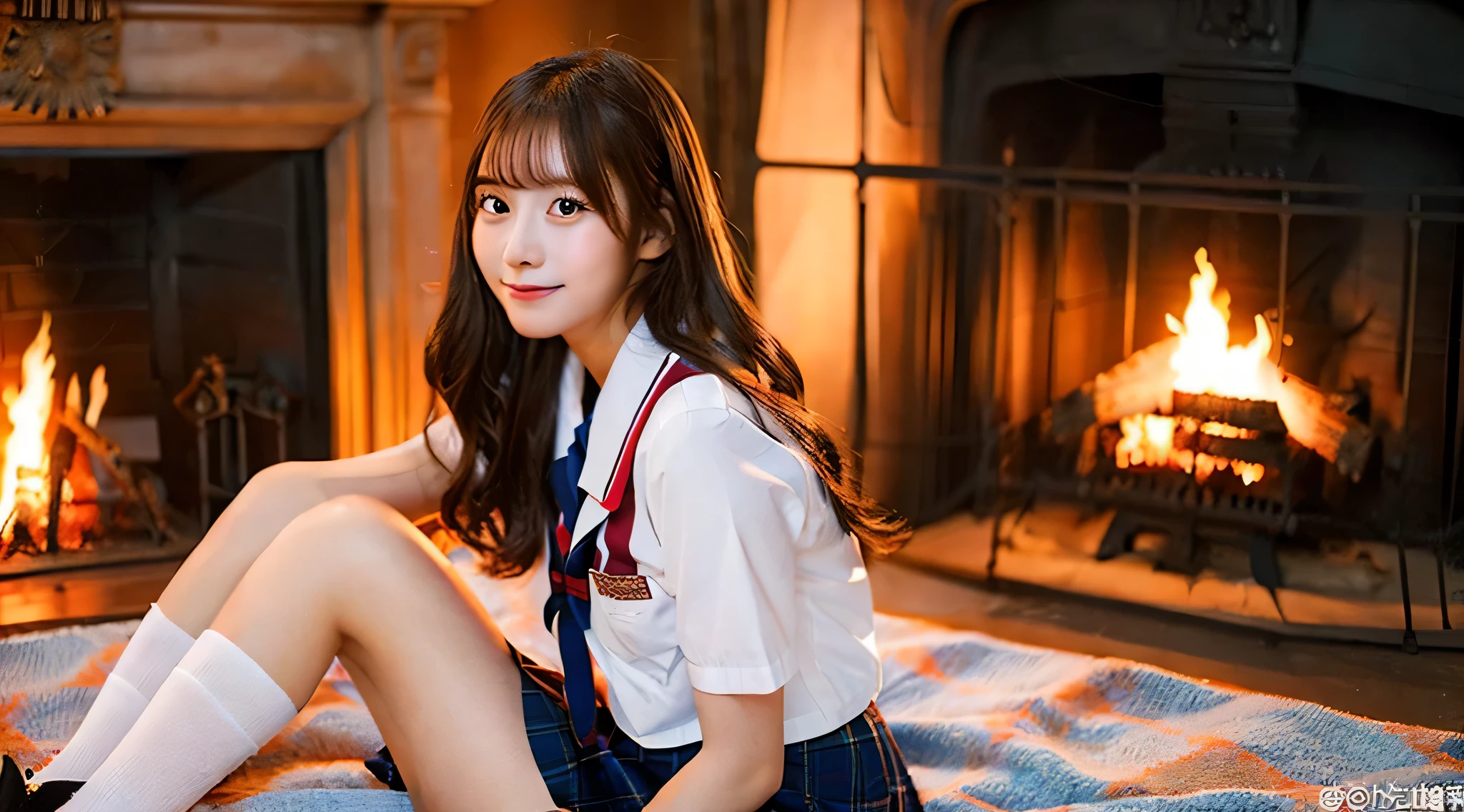 18 year old beautiful high school girl wearing a miniskirt uniform.、the fire in the fireplace is burning