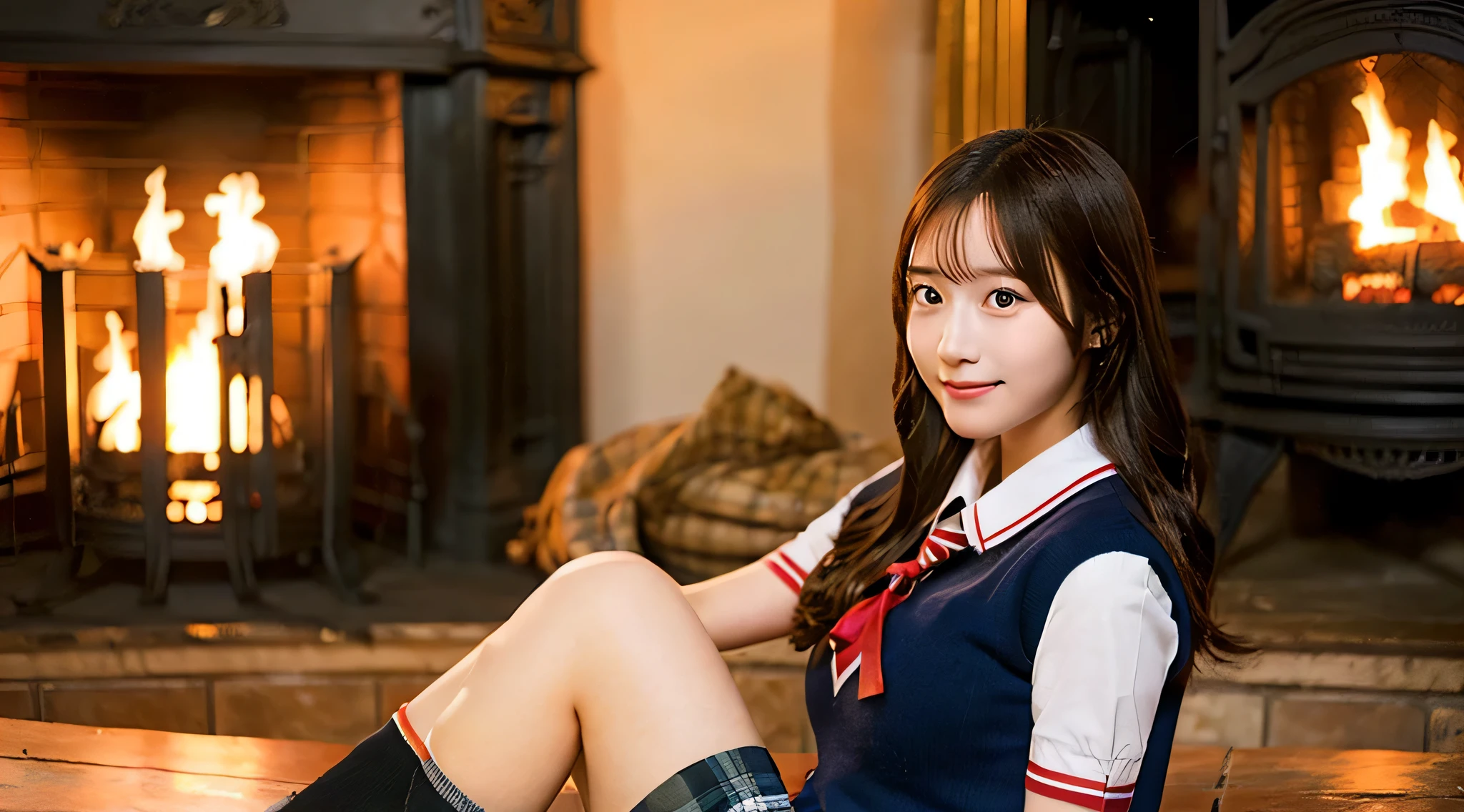 18 year old beautiful high school girl wearing a miniskirt uniform.、the fire in the fireplace is burning
