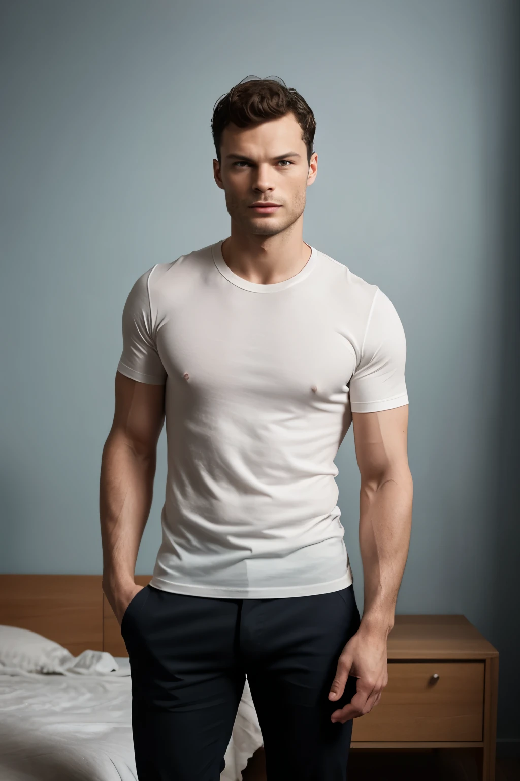 (Homem com roupa elegante), ), (usando barba longa e cheia,) (olhos azuis) (retrato) Attractive and serious look, Cabelos castanhos escuros, Elegante e elegante, e camiseta de corpo forte, Homem parecido com o ator Jamie Dornan, (imagem realista e de alta qualidade), in the background Scandinavian apartment with design furniture and with blue wall color in the background, ((best quality, 8k, master part).