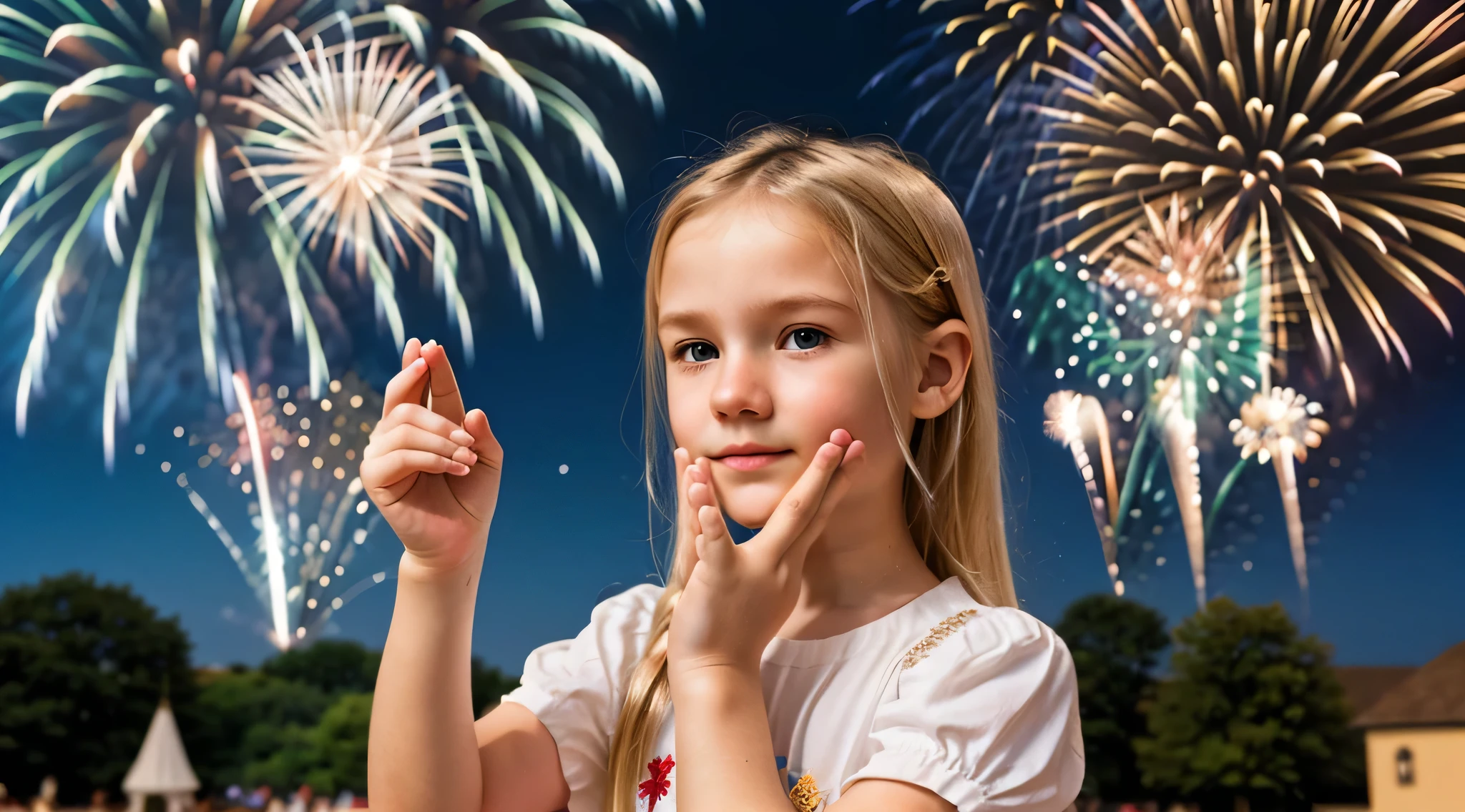 blonde girl CHILD clasped her hands in prayer, background fireworks.