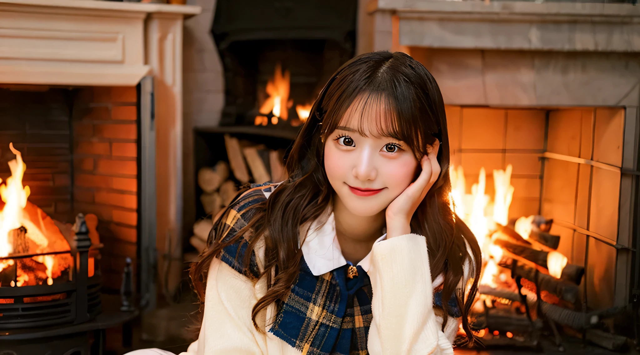 Cute high school girl 18 years old in miniskirt、the fire in the fireplace is burning
