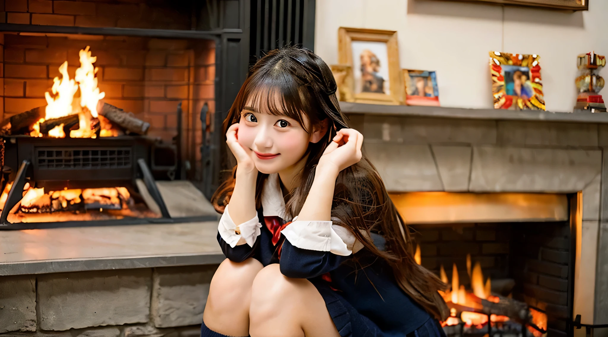 Cute high school girl 18 years old in miniskirt、the fire in the fireplace is burning