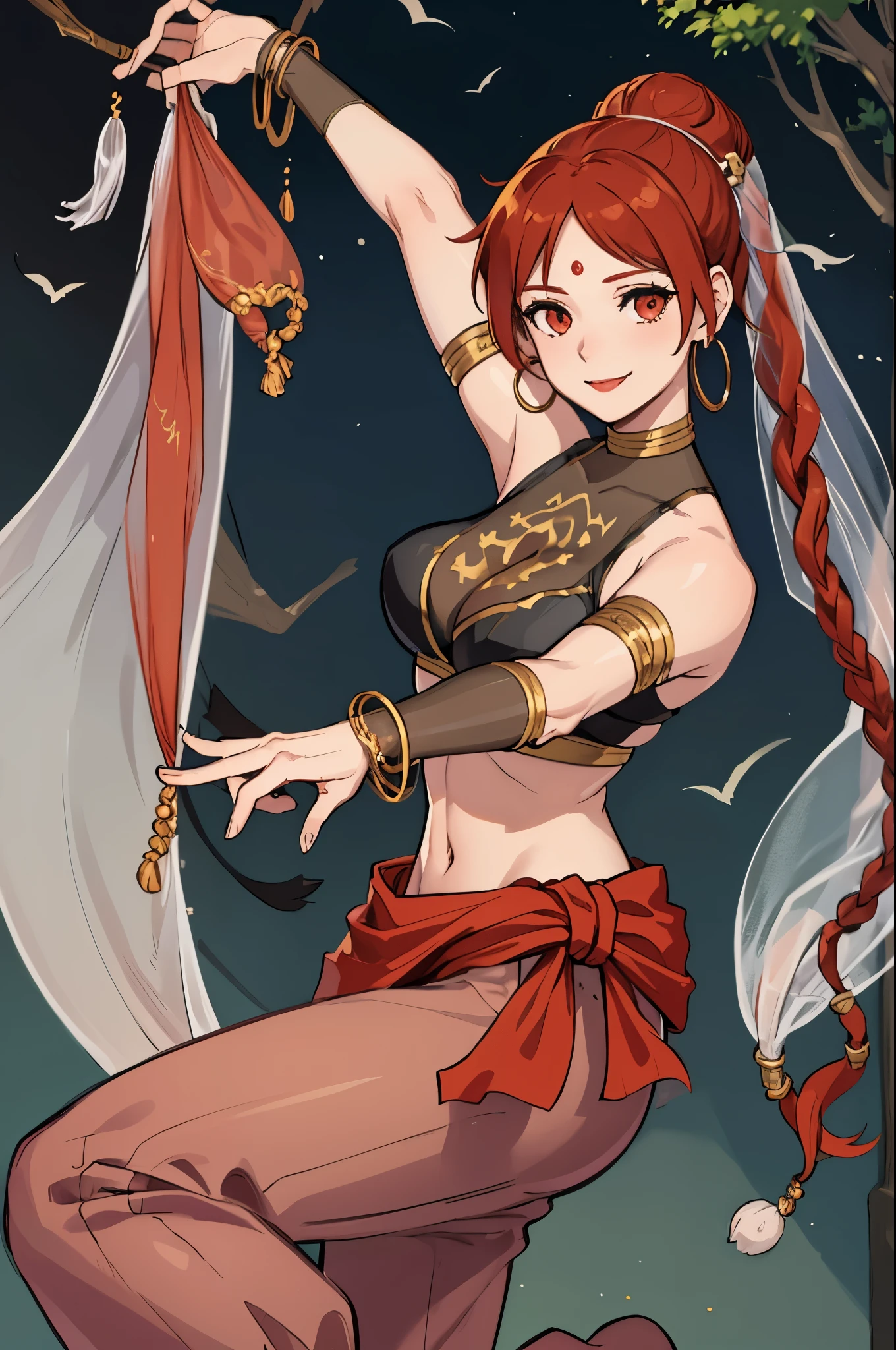 masterpiece, best quality, tethys, forehead mark, earrings, bracelet, crop top, armlet, vambraces, large breasts, see-through, harem pants, looking at viewer, smile, forest, dancing, raised arm