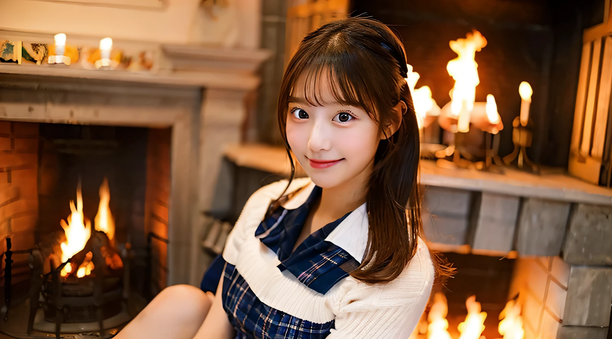 Cute high school girl 18 years old in miniskirt、the fire in the fireplace is burning