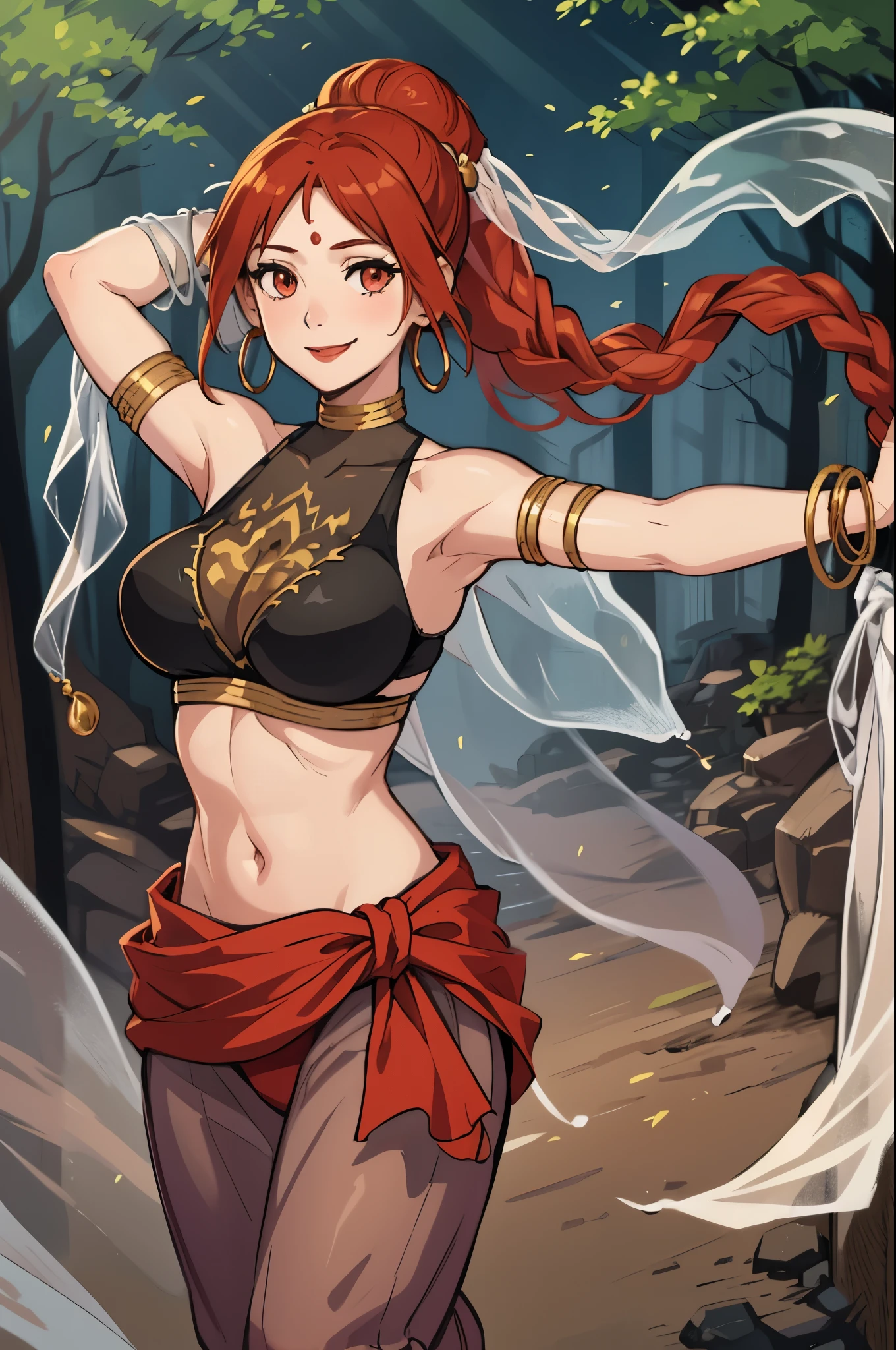 masterpiece, best quality, tethys, forehead mark, earrings, bracelet, crop top, armlet, vambraces, large breasts, see-through, harem pants, looking at viewer, smile, forest, dancing, raised arm