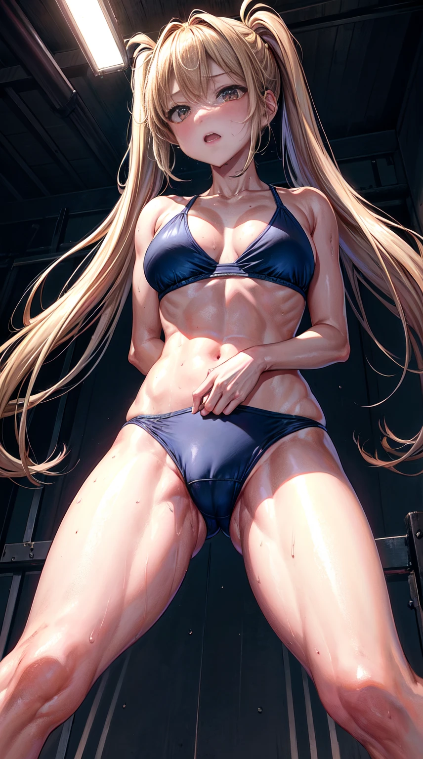 lighting like a movie、top-quality、In a dark warehouse at night、Athletics Bikini、Spread your legs apart、full of sweat、Wearing sweat、embarrassed from、The dim、(thighs thighs thighs thighs:1.5)、しゃがんでSpread your legs apart、poneyTail、