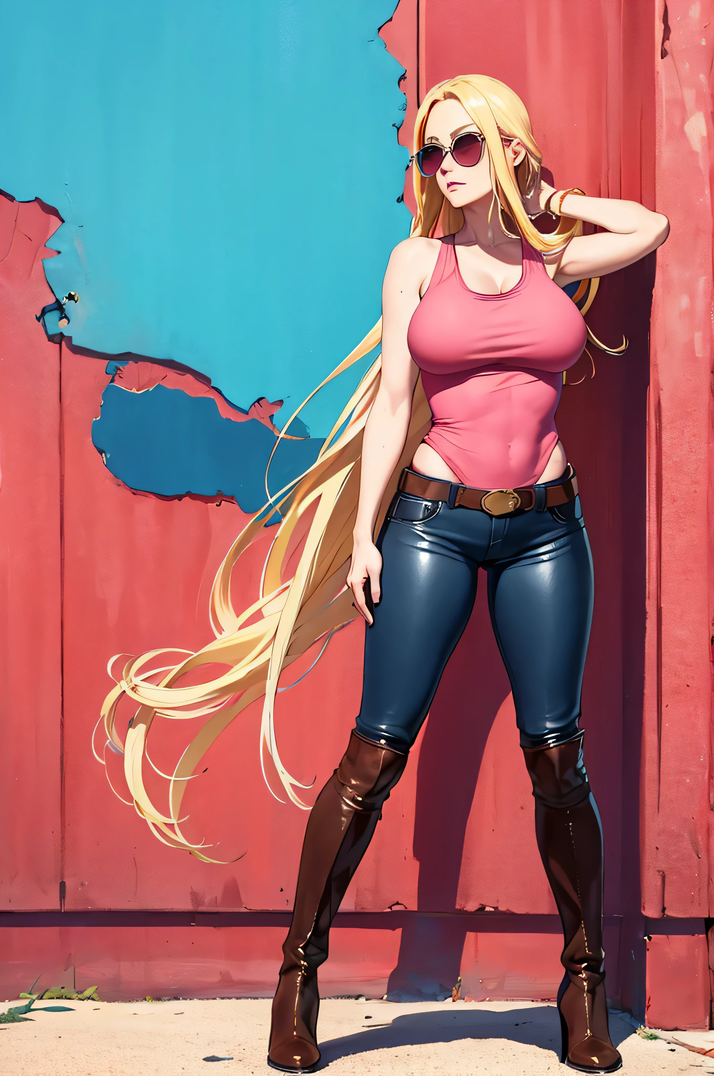 full-body shot bright blue eyes, long blonde hair, 25-year-old girl, blonde, large breast,  in red tank top, leather pants, leather western boots, sunglasses standing in front of a pink wall in a photo studio, hair blowing in the wind, cinematic, ultra realistic