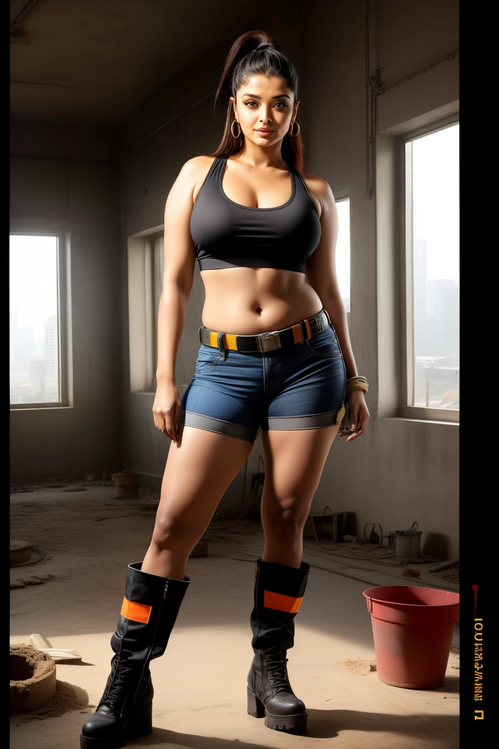 Aishwarya rai as construction worker, black hot pants, high boots, tank top, posing in construction site, day scene, navel out, hourglass figure, massive cleavage, look at camera and laugh, ((ponytail hair)), sexy 50 yo MILF, soft volumetric lights, intricate details, (ArtStation:1.2)