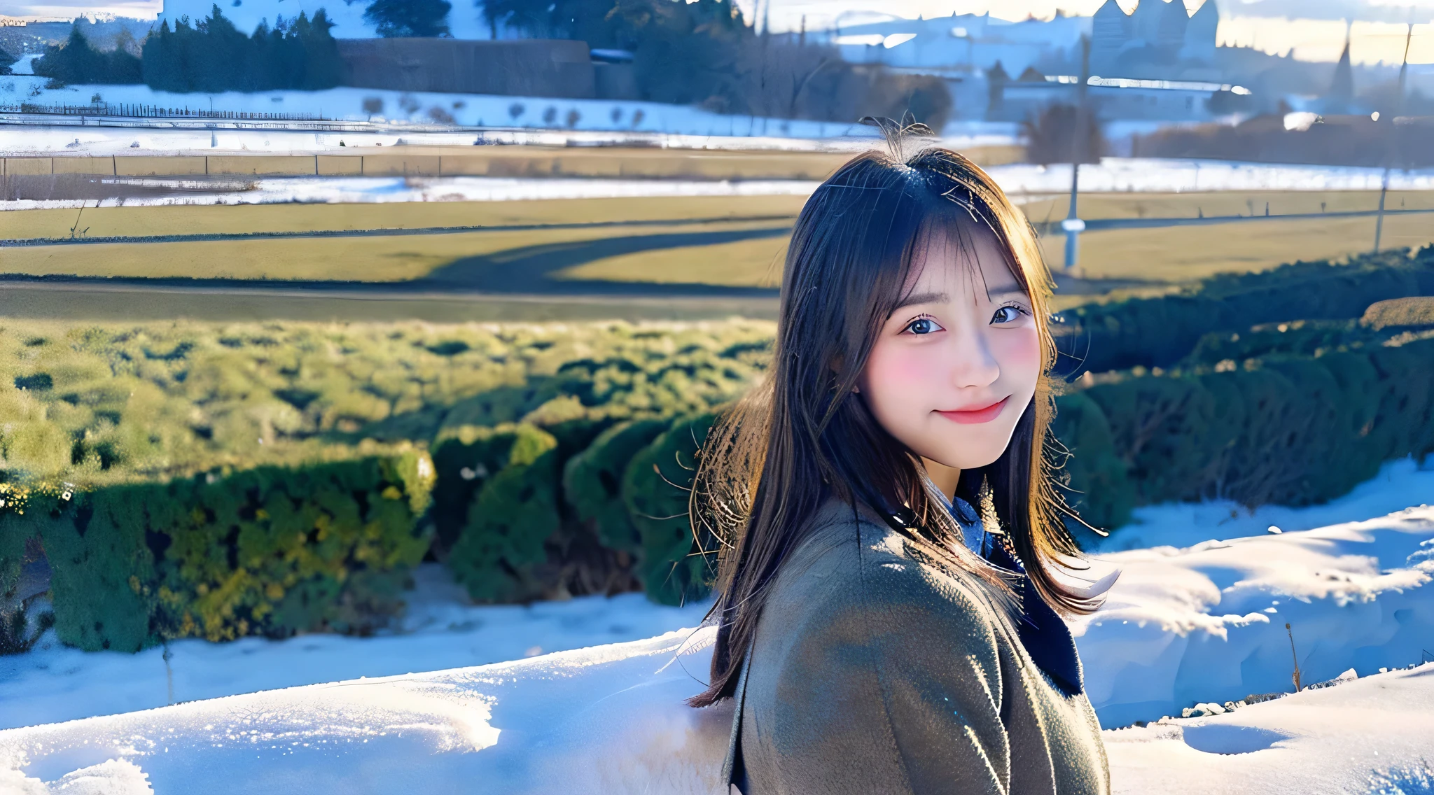 Cute high school girl, 18 years old, Wearing a miniskirt、Snowy landscape in the background