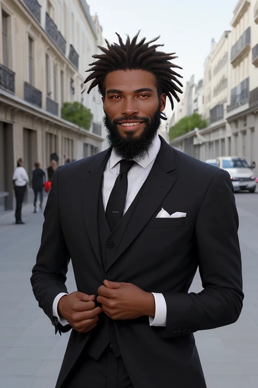 La meilleure qualité,Ultra détaillé,Réaliste:1.37,bel homme noir de 35 ans, africain,beau visage,Yeux détaillés couleur miel,Mâchoire forte,barbe noir,beau sourire,Costume chic,cheveux tres courts élégants,enragé,Posture debout en train de marcher,look captivant,Bien soigné,professionnel,Apparence du modèle,couleurs vives,éclairage de studio,ton de couleur chaud,milieu, marcahnd dans les rues de los angeles
