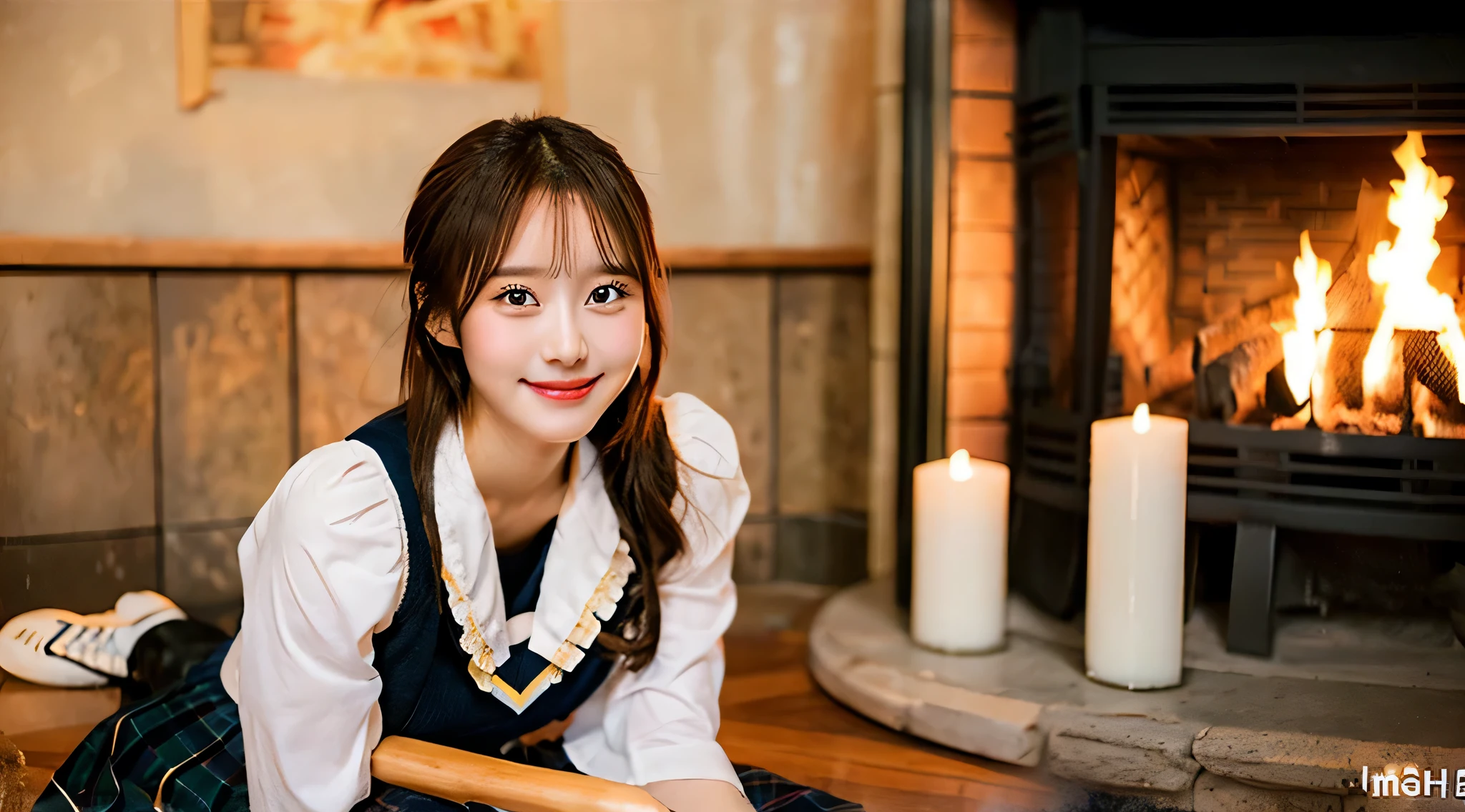 Cute high school girl, 18 years old, Wearing a miniskirt、The background is a room with burning fireplace flames..