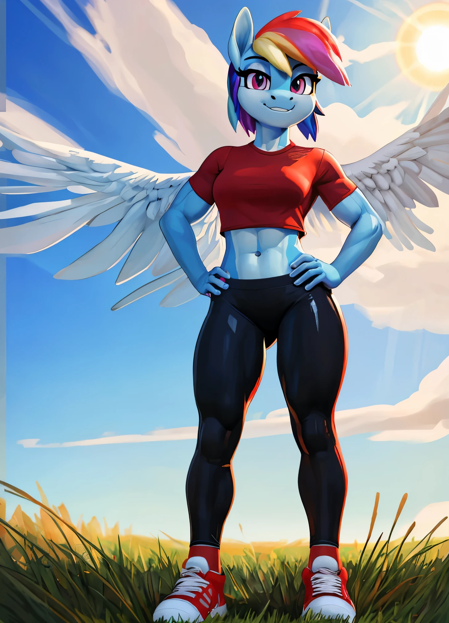 [rainbow dash], [Uploaded to e621.net; (siden), (Pixelsketcher), (mayosplash), (wamudraws)], ((masterpiece)), ((HD)), ((high res)), ((solo portrait)), ((full body)), ((front view)), ((furry; anthro)), ((detailed fur)), ((detailed shading)), ((beautiful render art)), ((intricate details)), {anthro horse; (slim figure), (light-blue fur), (cute magenta eyes), (horse snout), (two nostrils), (long rainbow-colored hair), (light-blue pegasus wings), (curvy hips), (defined muscles), (beautiful legs), (smug grin)}, {(red tee shirt), (short sleeves), (black spandex yoga pants), (red sneakers)}, {(standing), (hand on hip), (looking at viewer)}, [background; (grass plains), (rainbow in background), (clouds in sky), (blue sky), (sun rays), (ambient lighting)]