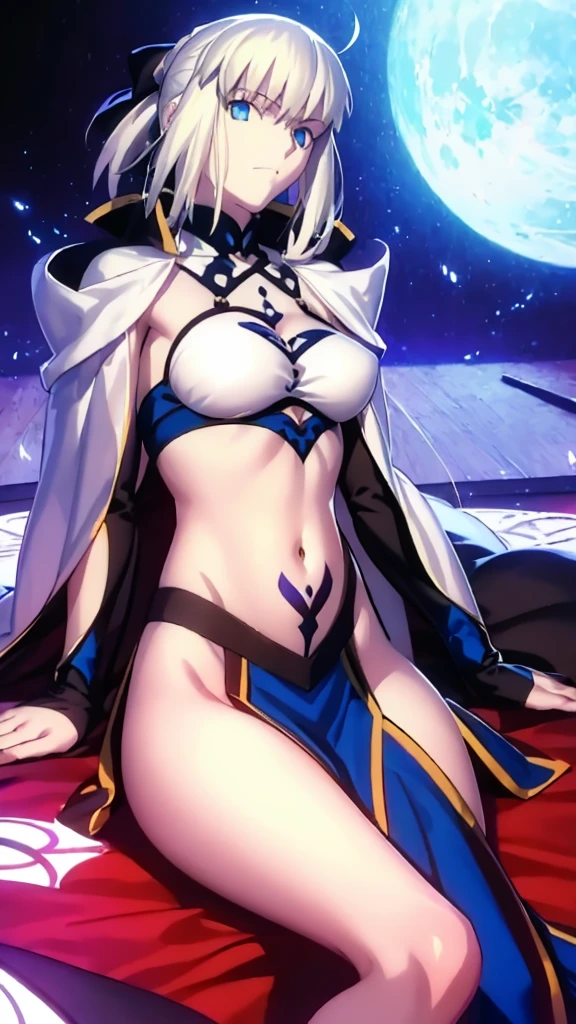 morgan le fay, fate/GrandOrder, belly, navel, stomach, sideboobs, thigh, (ultra high quality), detailed, 8k, masterpiece, looking viewers, medium breast, perfect face, silver hair, blue eyes, sit in thorn, background palace, sharp eyes