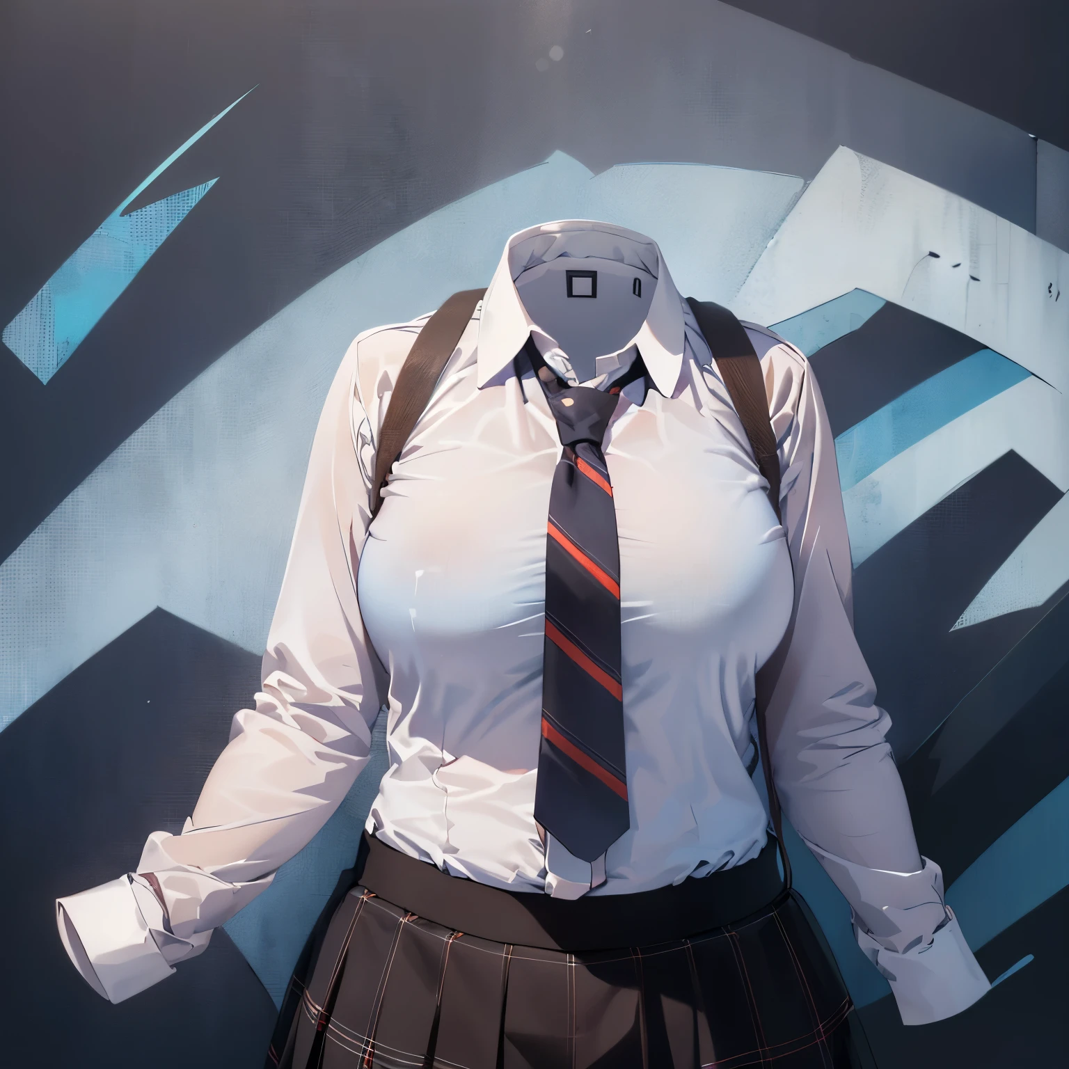 absurdres, highres, ultra detailed, school uniform, stripe tie, plaid skirt, (close-up to breasts), cute big breasts, (invisible, no human, headless, handless:1.5), chubby, fat, arched back