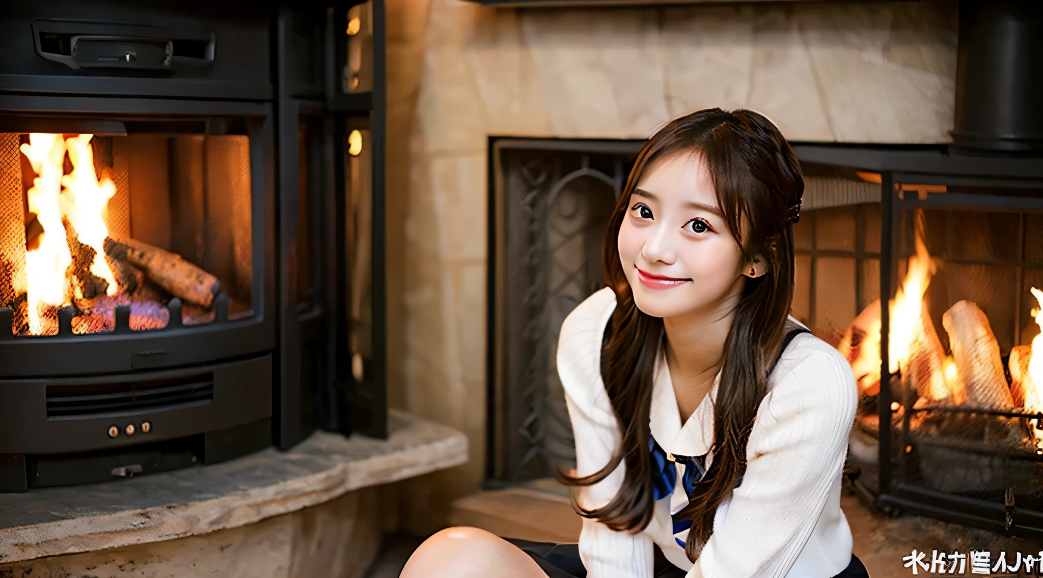 Cute high school girl, 18 years old, Wearing a miniskirt、The background is a room with burning fireplace flames..