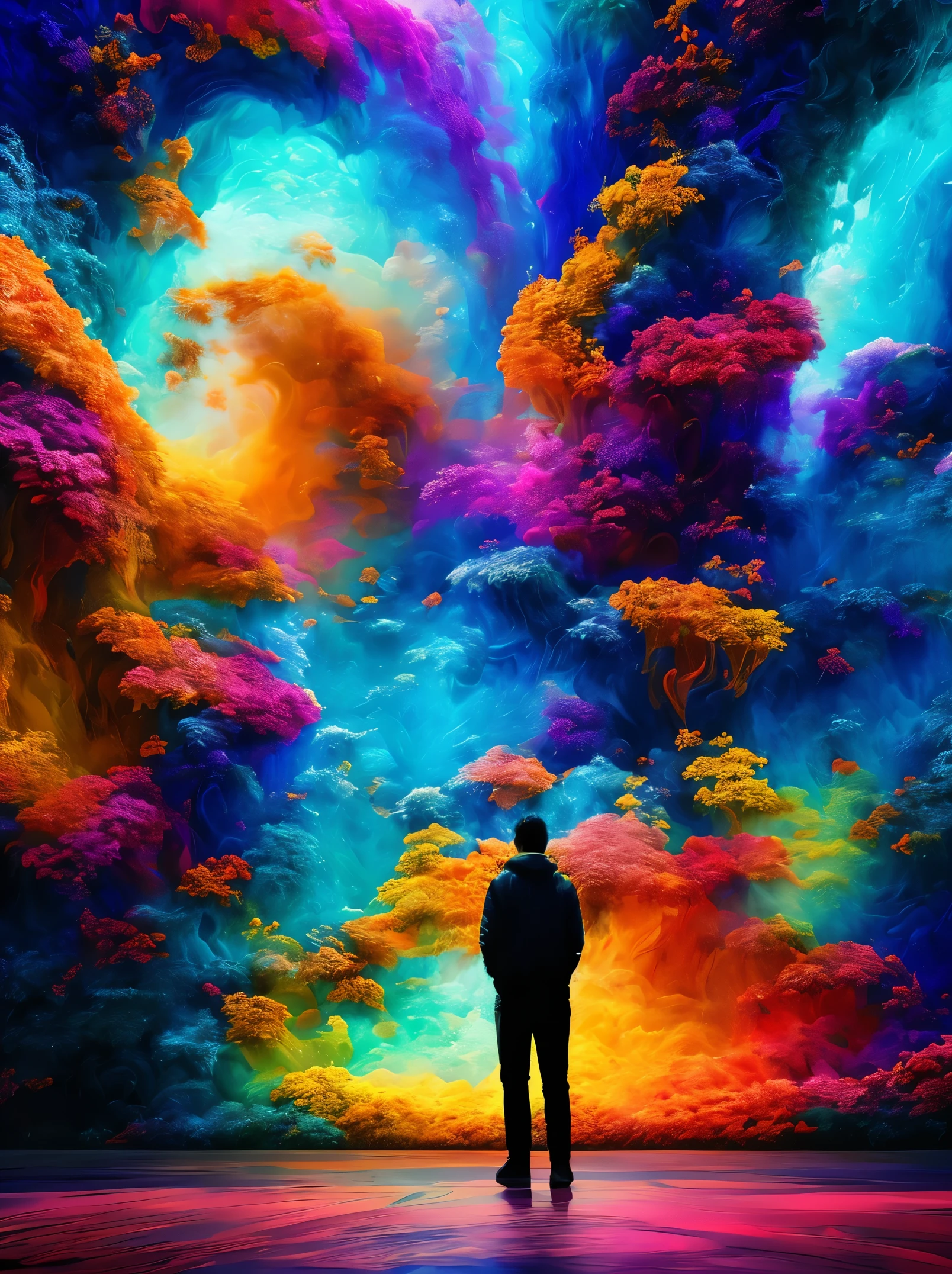 A person stands in front of a colorful abstract design, 8K Stunning Artwork, 4k highly detailed digital art, mind-bending digital art, intricate digital painting, Realistieeple, elaborate digital art, 4k detailed digital art, Digital Art 4K, Digital Art 4K, digital artwork 4k, intricate 3 d illustration, digital art 8k