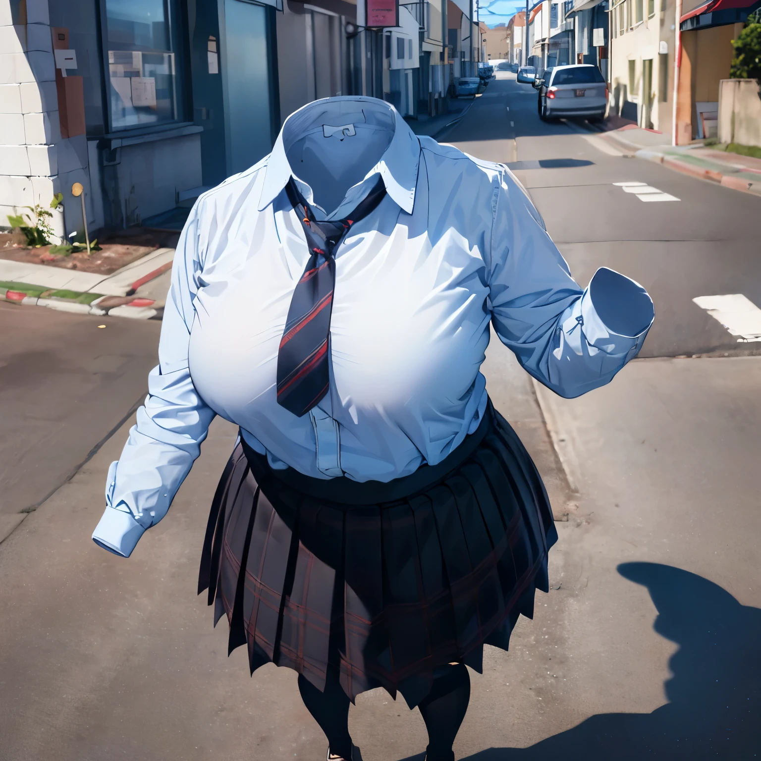 absurdres, highres, ultra detailed, school uniform, stripe tie, plaid skirt, (close-up to breasts), cute big breasts, (invisible, no human, headless, handless:1.5), chubby, fat, from above, dynamic pose