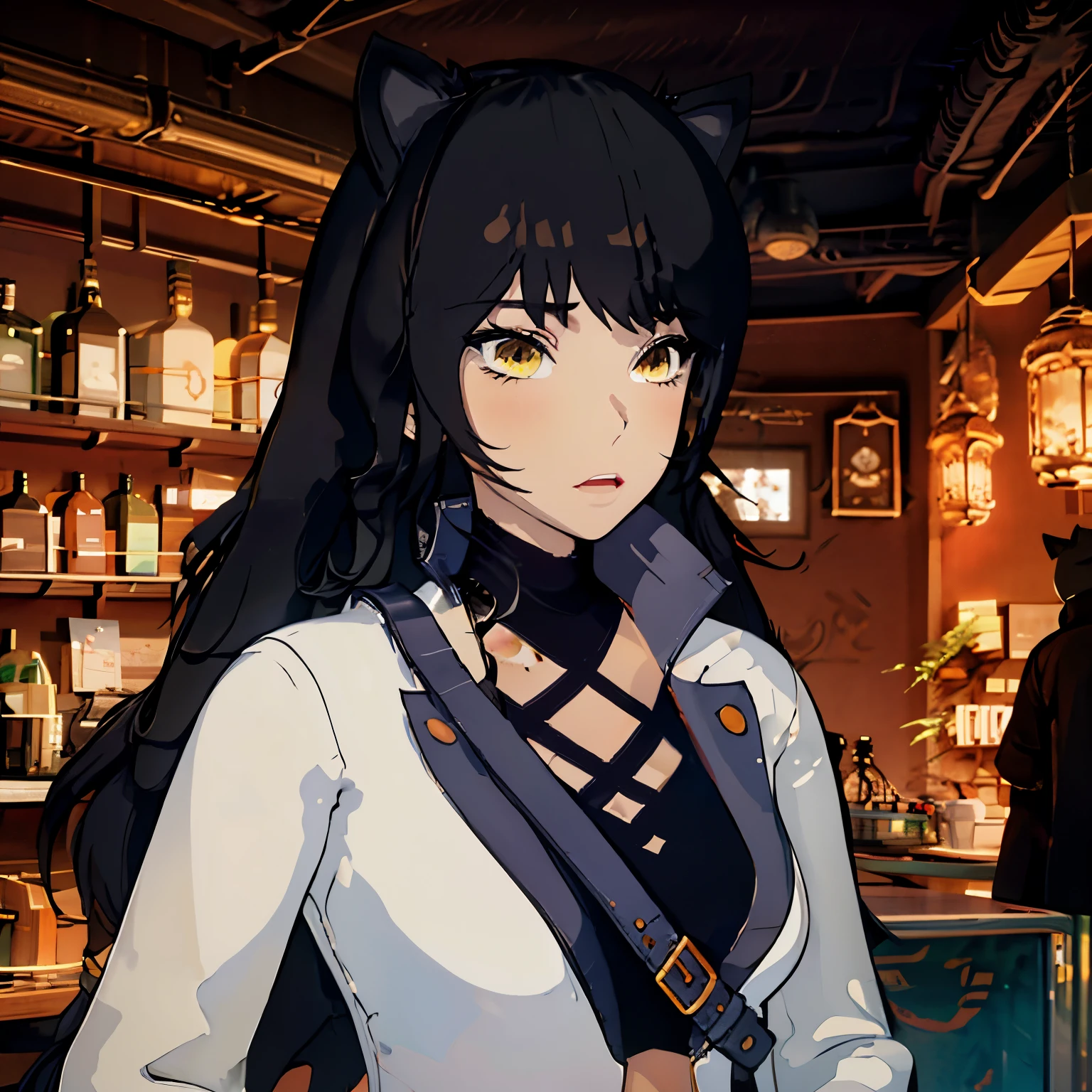 Blake_RWBY, 1girl, solo, black hair, long hair, cat ears, animal ears, yellow eyes, belt, midriff, pants, jacket,