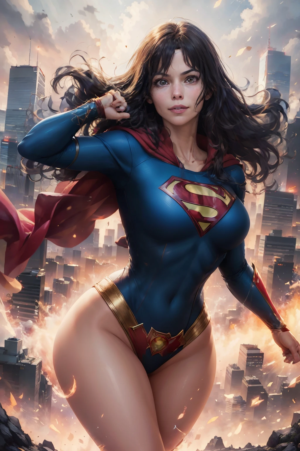 best quality,4k,8k,highres,masterpiece:1.2,ultra-detailed,(realistic,photorealistic,photo-realistic:1.37),illustration,cartoon,Super Girl character,1girl,white background,vibrant colors,crisp lines,playful,energetic,comic book style, dynamic pose,action-packed, stylish costume,sparkling eyes,endearing smile,flowing cape,superpowers,city skyline,protecting the city,emblem on chest,adventure,noble and brave,heroic expression,attention to facial features,bold color palette,attention-grabbing design,attention to details,lively atmosphere,comic strip,exciting movement,expressive gestures,cool special effects