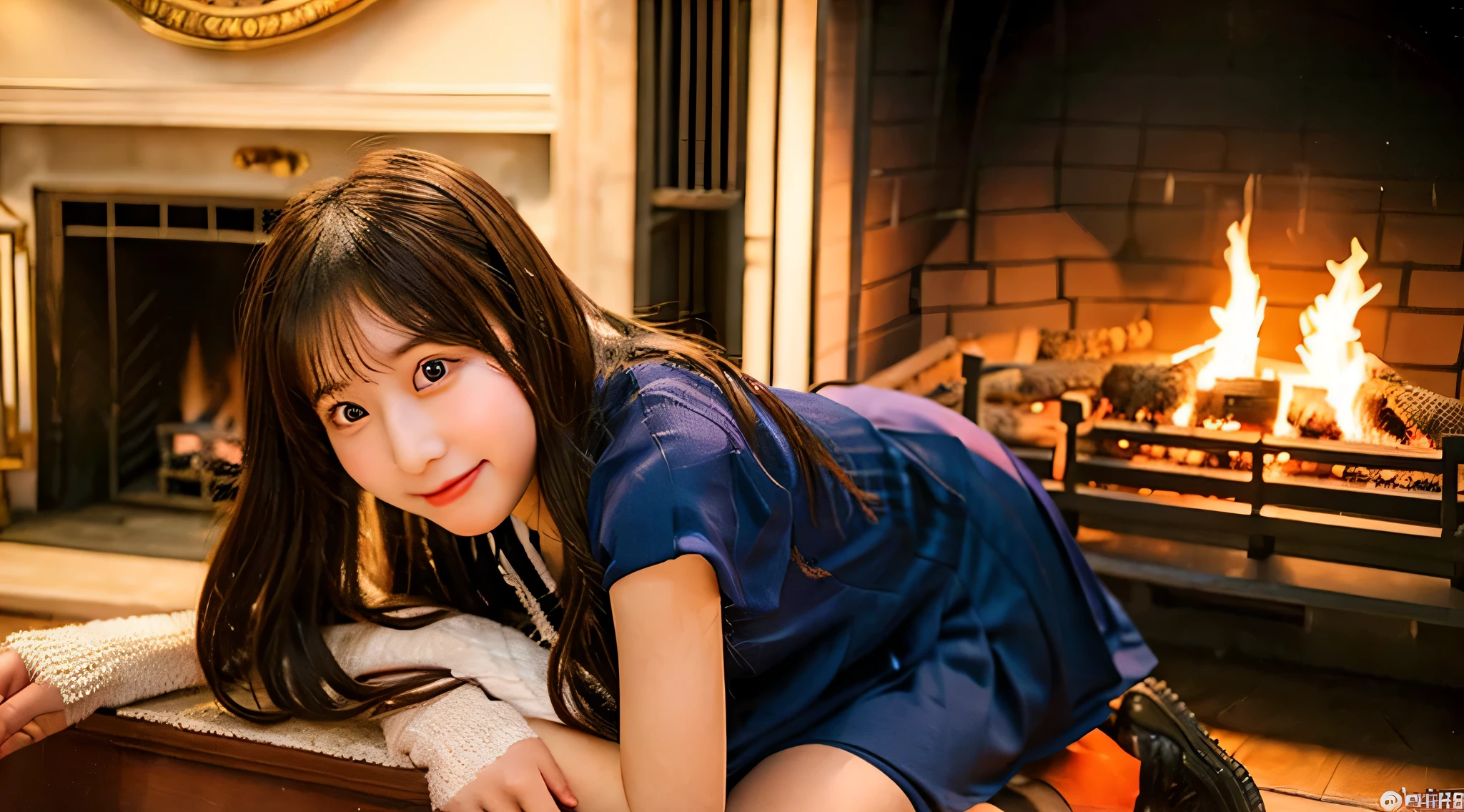 18 year old cute miniskirt high school girl、the fire in the fireplace is burning