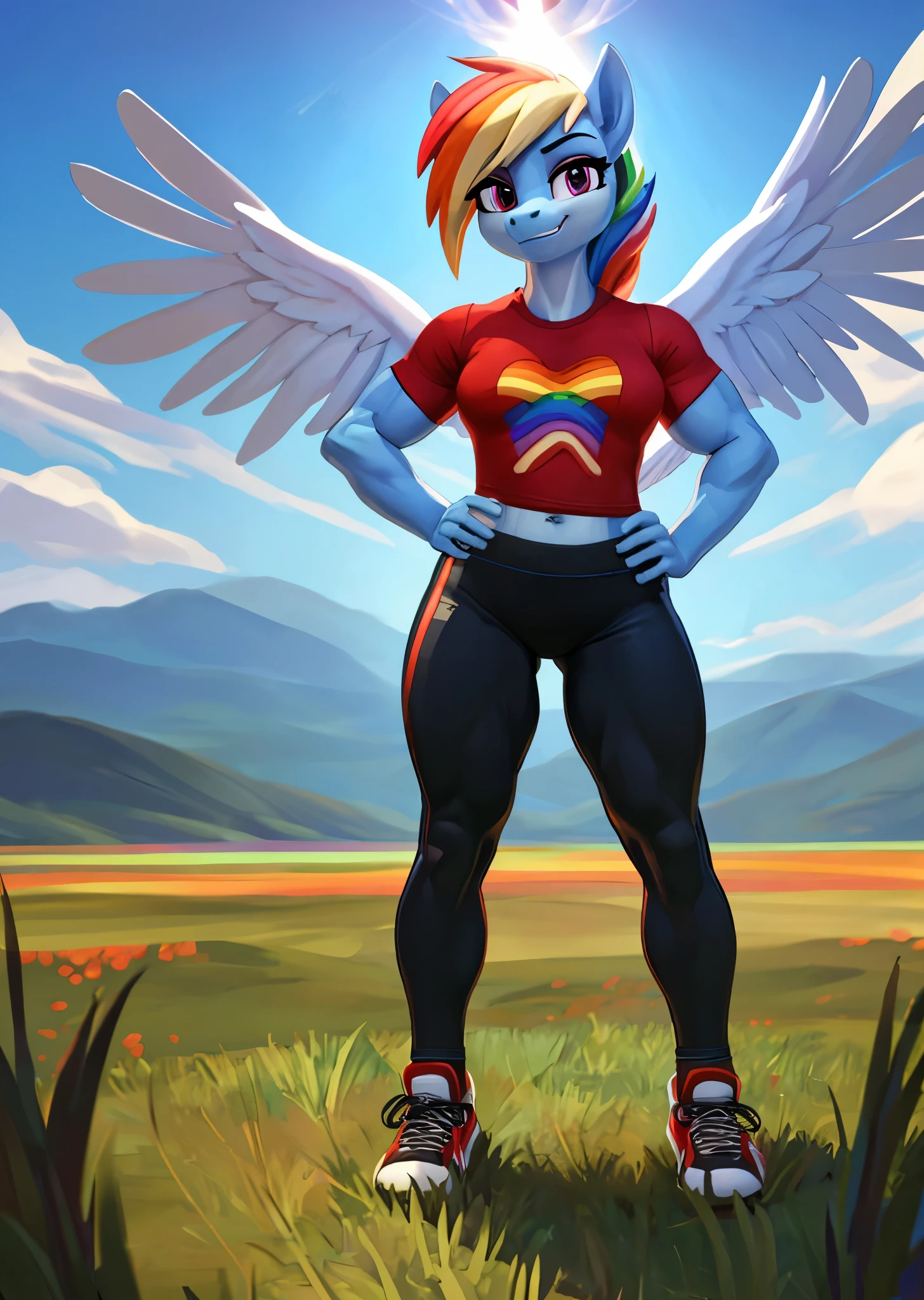 [rainbow dash], [Uploaded to e621.net; (siden), (Pixelsketcher), (mayosplash), (wamudraws)], ((masterpiece)), ((HD)), ((high res)), ((solo portrait)), ((full body)), ((front view)), ((furry; anthro)), ((detailed fur)), ((detailed shading)), ((beautiful render art)), ((intricate details)), {anthro horse; (slim figure), (light-blue fur), (cute magenta eyes), horse snout, (two nostrils), (long rainbow-colored hair), (light-blue pegasus wings), (curvy hips), (defined muscles), (beautiful legs), (smug grin)}, {(red tee shirt), (short sleeves), (navel), (black spandex yoga pants), (red sneakers)}, {(standing), (hand on hip), (looking at viewer)}, [background; (grass plains), (rainbow in background), (clouds in sky), (blue sky), (sun rays), (ambient lighting)]